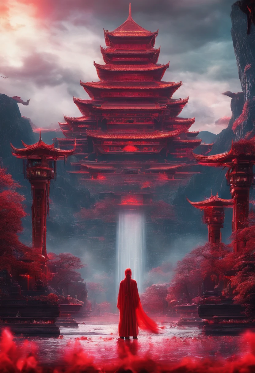 There is a red poster,Background with:Deep space,(Flying Island in the Sky:1.5), Floating mountains,A castle flies over the forest of the Avatar landscape,amazing exquisite matte painting, The Way of Water,Hallelujah Hill,(Hallelujah Hill:1.5), A giant ancient city suspended in the air:1.5,Movie dystopia, Beautiful rendering of the Tang Dynasty, red sun over paradise, Epic red , Glowing castle in the distance, Cyberpunk ancient city, luminescent matte painting, Big Red Sun,, Fantastic futuristic city,(Flying Phoenix:0.8),Dutch Golden Age painting, Fuji colors, Sparkle, Blurry, fading border, partial underwater shot, Masterpiece, Award-Awarded, A high resolution, 1080p, 8K,in a red dream world, A beautiful artwork illustration, fresh flowers,ln the forest, matte painting in fantasy style,Cubist futurism, cubismo, romanticism lain, surrealism, Cinematic lighting, god light, Fuji colors, Sparkle, in a panoramic view, Perspective, vanishing point, Sony FE GM, 8K,