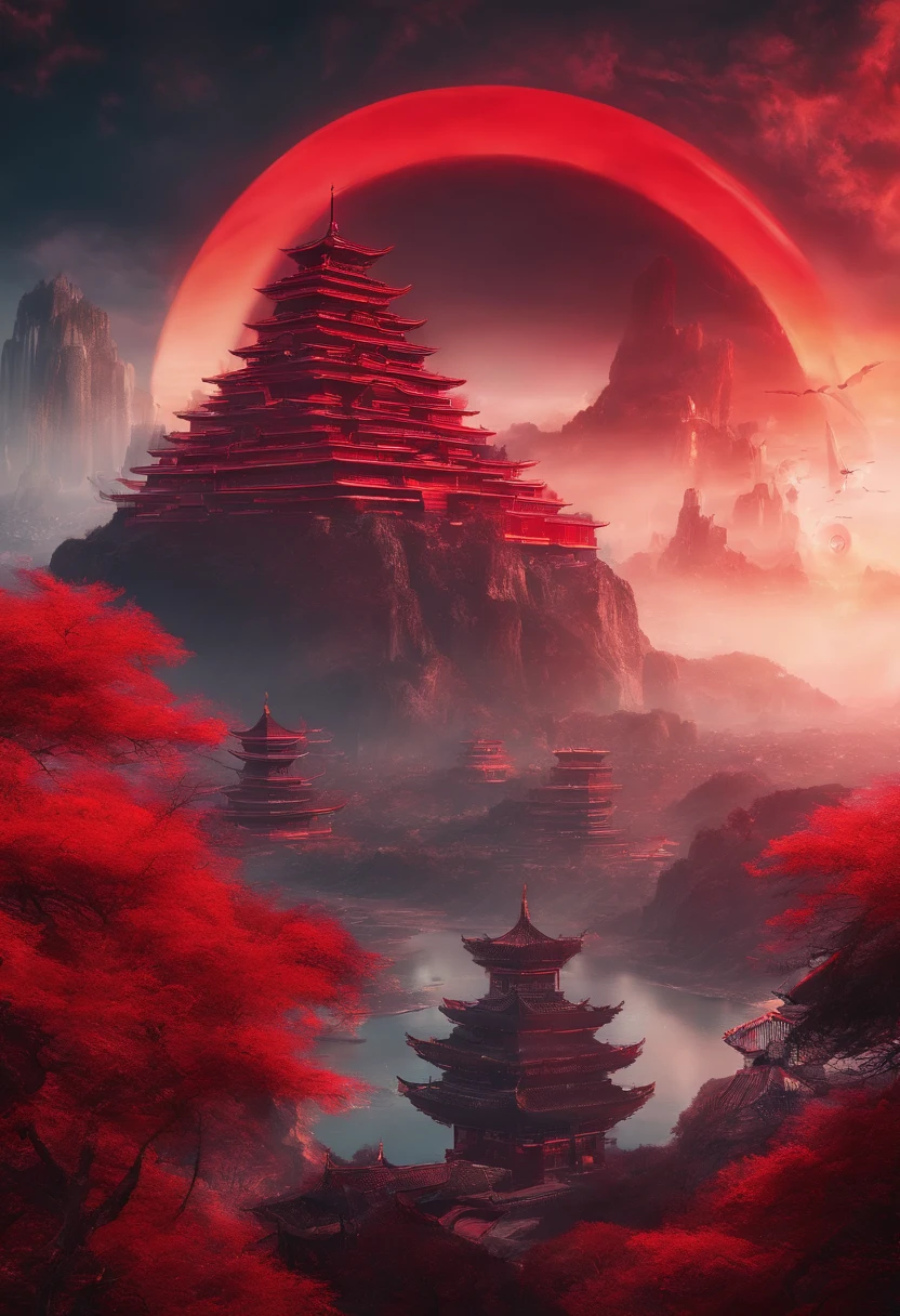 There is a red poster,Background with:Deep space,(Flying Island in the Sky:1.5), Floating mountains,A castle flies over the forest of the Avatar landscape,amazing exquisite matte painting, The Way of Water,Hallelujah Hill,(Hallelujah Hill:1.5), A giant ancient city suspended in the air:1.5,Movie dystopia, Beautiful rendering of the Tang Dynasty, red sun over paradise, Epic red , Glowing castle in the distance, Cyberpunk ancient city, luminescent matte painting, Big Red Sun,, Fantastic futuristic city,(Flying Phoenix:0.8),Dutch Golden Age painting, Fuji colors, Sparkle, Blurry, fading border, partial underwater shot, Masterpiece, Award-Awarded, A high resolution, 1080p, 8K,in a red dream world, A beautiful artwork illustration, fresh flowers,ln the forest, matte painting in fantasy style,Cubist futurism, cubismo, romanticism lain, surrealism, Cinematic lighting, god light, Fuji colors, Sparkle, in a panoramic view, Perspective, vanishing point, Sony FE GM, 8K,