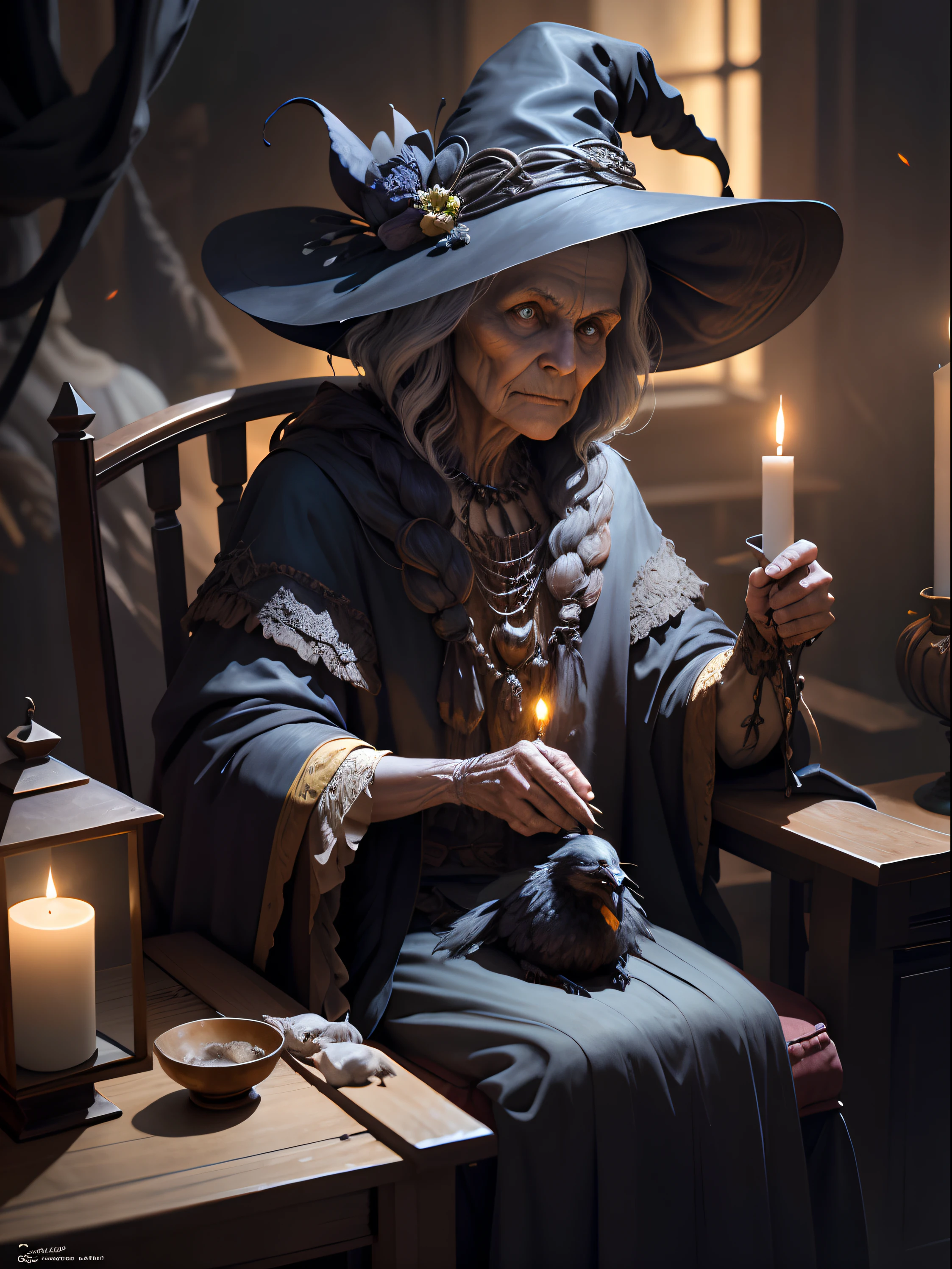 An old witch sits in a Kadilau chair in the background,She was holding a Soniste crow, Packed on sheets, hermit, Marble statue of, Deep octane rendering, Candlelight lighting, baroque, European, Look sideways at the camera, Anatomically correct, Super detailed