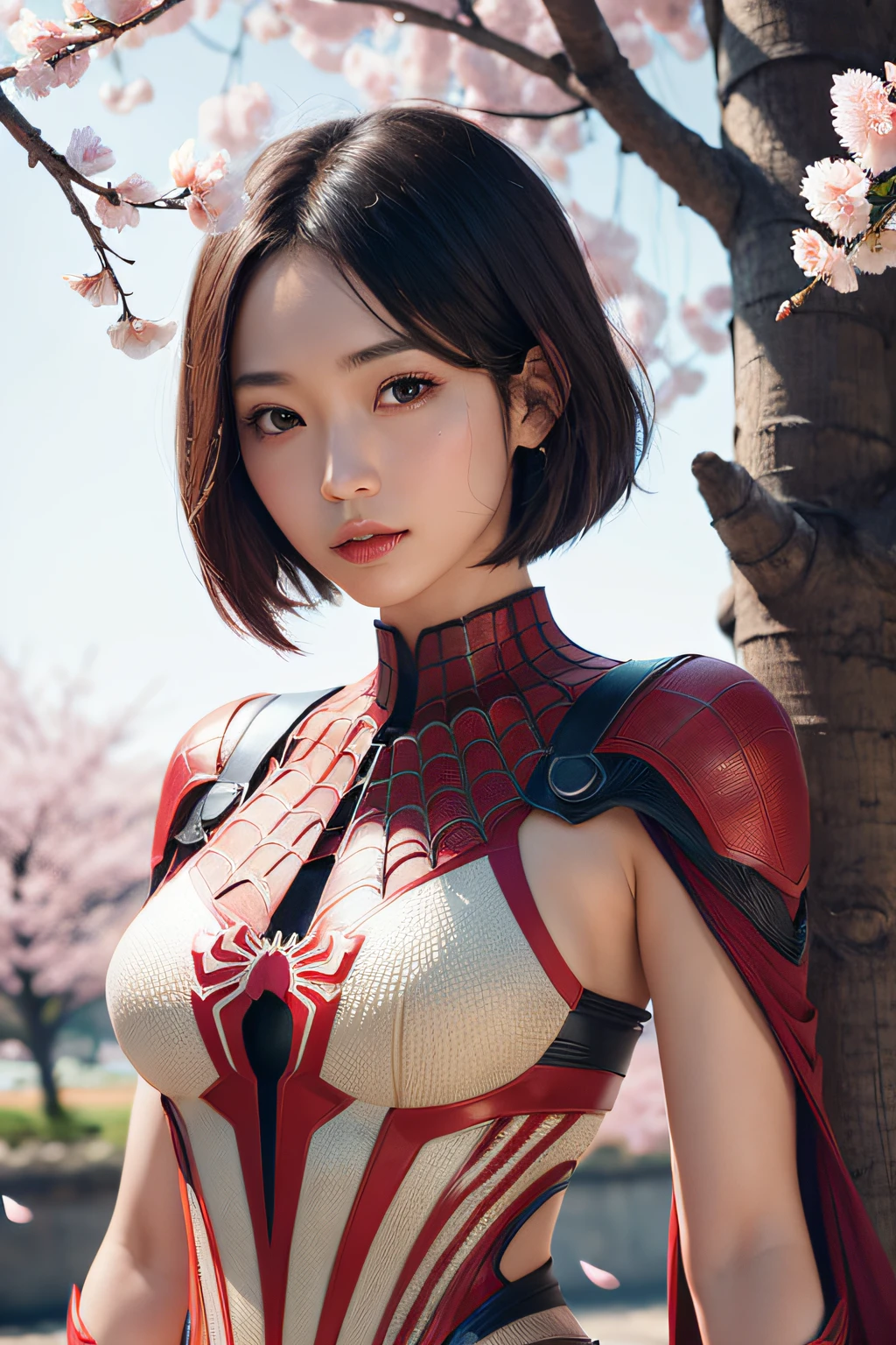 beautiful japanese young woman, wearing spiderman armor made of papyrus, thick symmetrical features, very short hair, background is cherry blossoms, pink aura, red lips, octane render,