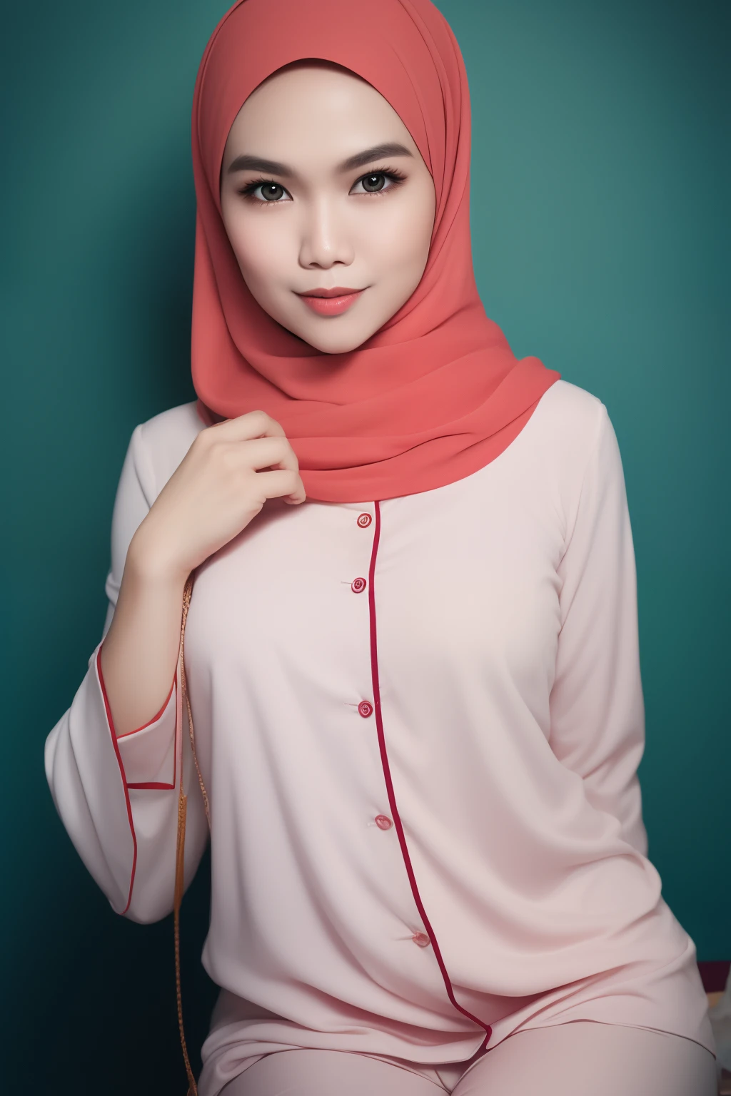 Malay girl in hijab wearing sexy red color pajamas portrait photography, mid shot photo, ultra detail, professional photograph with professional lighting, smile, light blue studio background, sexy seducing pose, slim