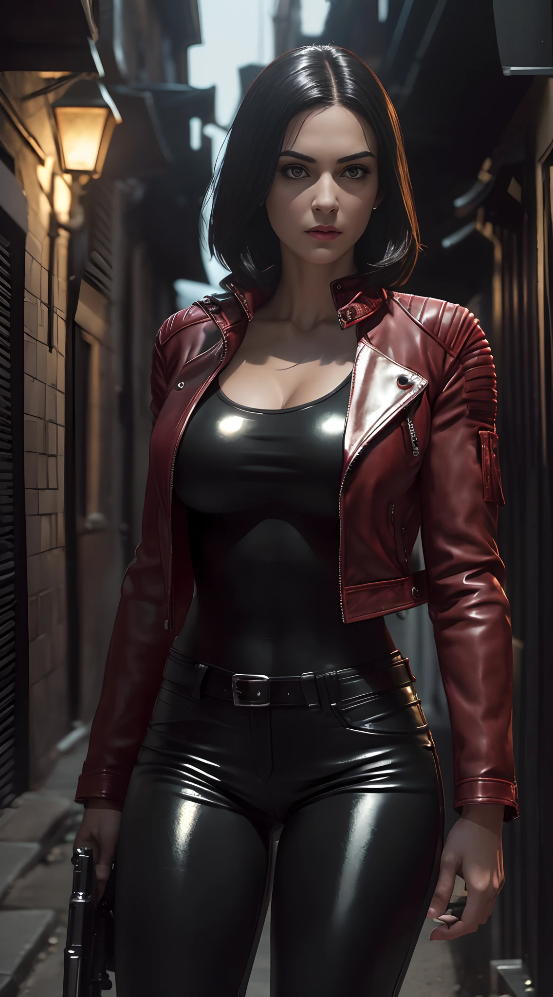 Photorealistic Image of Gorgeous 25 Years Old British Female Vampire Mercenary with Athletic Body, (Shoulder-level Bob Black Hair), (One Person), (Red Leather Jacket and Black Tight Pants:1.4), (Pale Skin:1.4), (Detailed Shiny Appearance:1.4), (Serious Face), Deep Cleavage, (Holding a Handgun:1.2), (Dynamic Pose:1.4), (Dimly Lit City Alley at Night:1.4), Centered, (Full Body Shot), (From Front Shot), Insane Details, Intricate Face Detail, Intricate Hand Details, Cinematic Shot and Lighting, Realistic Colors, Masterpiece, Sharp Focus, Ultra Detailed, Taken with DSLR camera, Realistic Photography, Depth of Field, Incredibly Realistic Environment and Scene, Master Composition and Cinematography