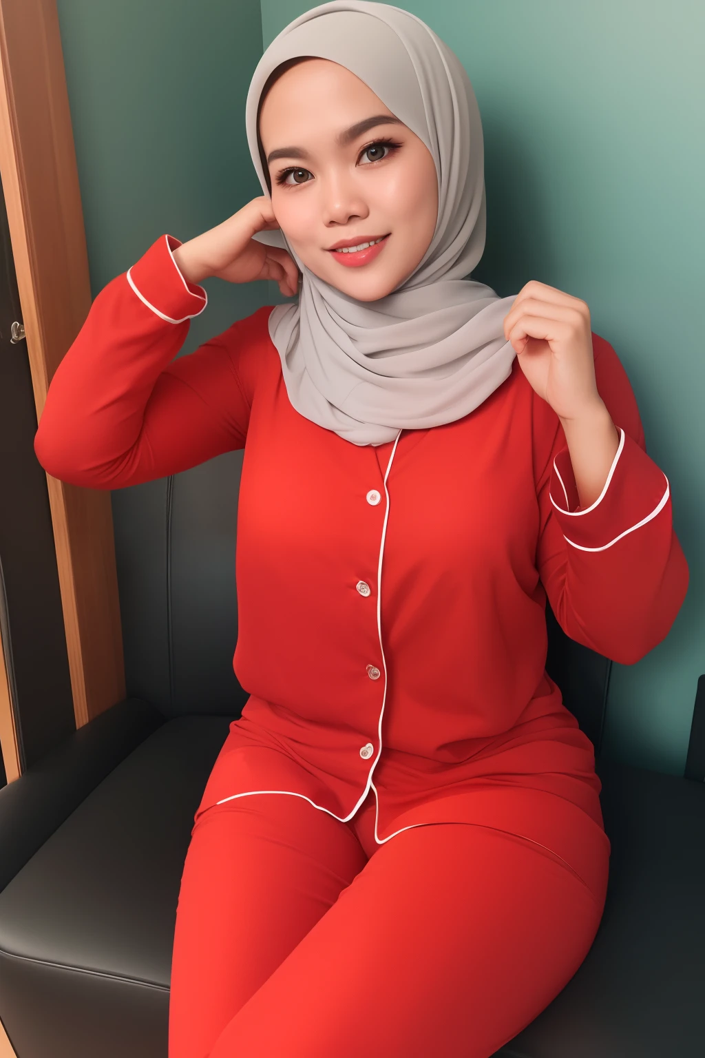 Malay girl in hijab wearing sexy red color pajamas portrait photography, mid shot photo, ultra detail, professional photograph with professional lighting, smile, light blue studio background, sexy seducing pose, slim