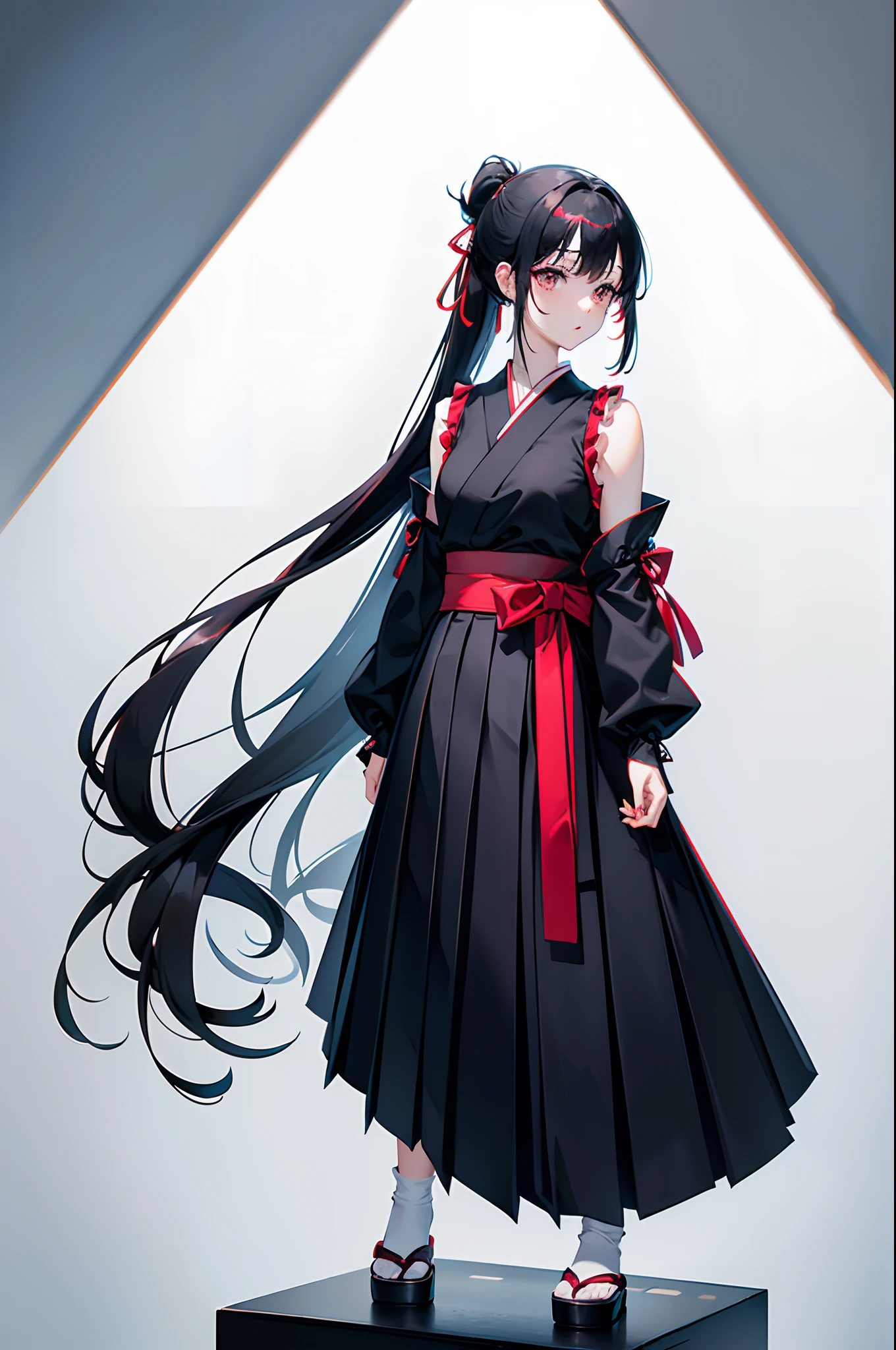 hair(red ribbon hair clip elastic,black long hair,glossy hair,lower ponytail,side locks),eye(drooping eyes,grey eyes),upper body clothes(tucking up the sleeves of a clothes shoulder to shoulder,Japanese clothes,white Japanese clothes,arm sleeves),lower body clothes(long pleated skirt,dark blue skirt),skin(white skin,red cheeks,shiny_skin)full_body, standing,full-length portrait or statue