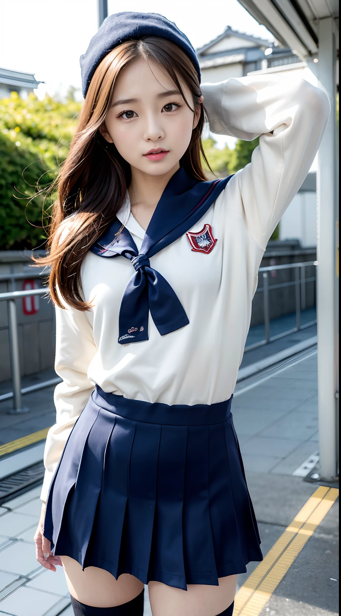 mix4, (16 K, Raw photography, Top image quality, ​masterpiece: 1.45), (realisitic, Photorealsitic: 1.37), one girls, 7．5, etc、Random hairstyle、Standing figure，Daytime、a very cute,Station platform,, profetional lighting, photon maping、physically-based renderingt, Gradient dark brown hair,Crisp backgrounds and high resolution, a handsome, Well-groomed and beautiful eyes、Large double eyelids、Very shiny、girl with, (((student clothes、Winter clothes、Sailor suit worn by Japan girl、Navy blue sailor color、scarf、a miniskirt, Small beret、high socks、lowfers))), Top Quality Photos, hight resolution, 1080p, (clearface), (Detailed face description), (Detailed hand description), (​masterpiece), (Exquisite CG)、extreme light and shadows、dishevled hair、master work、abundant detail、(Fine facial features)、(top quality photo)、(masuter piece)、(A detailed eye)、Look in front of you、Fine clavicle、((Slender big))、(((Japan schooln sailor suit)))、((Idle system))、((Station platform、wicket、train track、railroad crossing))、(((neat and cute)))、耳Nipple Ring、A big smile、Drawing the whole body from the knees、Do not draw nasolabial folds、(((Long sleeve sailor suit)))、(Big breasts that hang down big:1.2)、Big buttocks with tension、Two arms and two legs、(((from the front side:0.3)))、bare hand、No mask、No skin exposure