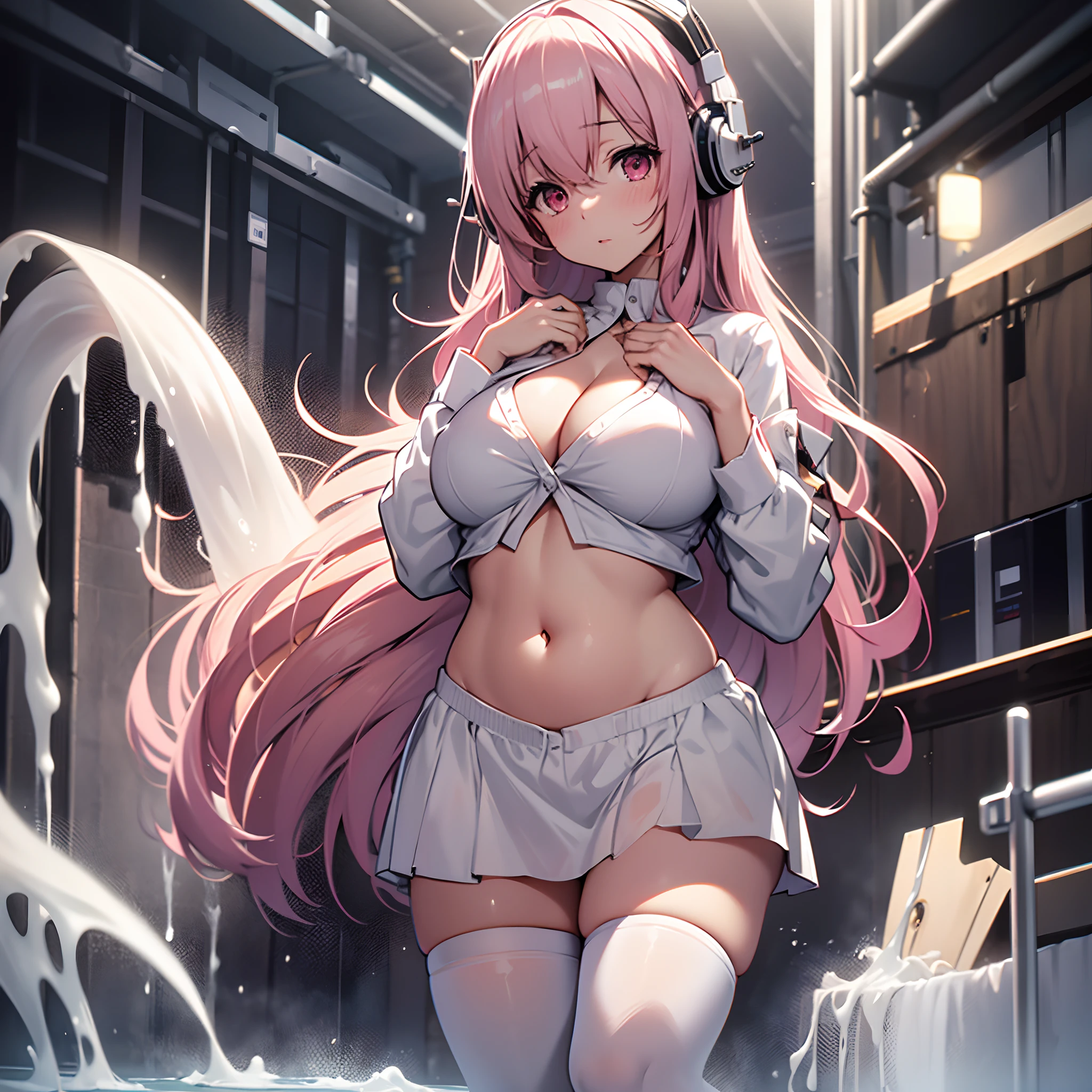 an attractive woman, naked girl, no underwear, super sonico, straight hair, hold her hand to prevent her white shirt from coming off, solo, she surprised, pink hair, huge breasts, large hip, large amounts of milk, spread legs, long hair, navel, blush, dark red eyes, she looking at viewer, cleavage, white stockings, small size white shirt, Soaked in white sticky milk ,whole body, night background, Plump, Backlit, dark shadow, her chest overflows through her clothes, blank background, mist, On a bath of milk, Composition looking up from below