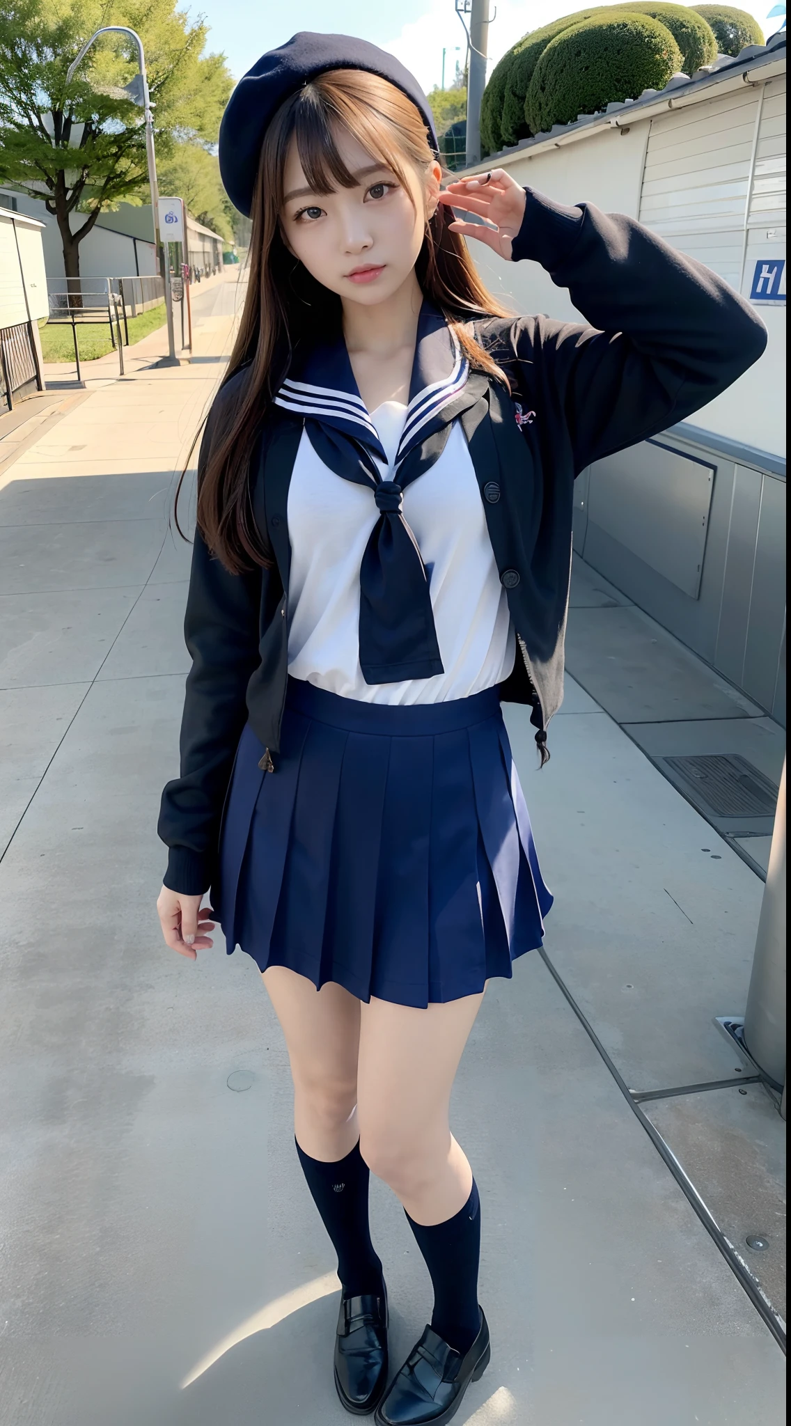 mix4, (16 K, Raw photography, Top image quality, masterpiece: 1.45), (realisitic, Photorealsitic: 1.37), one girls, 7.5, etc、Random hairstyle、Standing figure,Daytime、a very cute,Station platform,, profetional lighting, photon maping、physically-based renderingt, Gradient dark brown hair,Crisp backgrounds and high resolution, a handsome, Well-groomed and beautiful eyes、Large double eyelids、Very shiny、girl with, (((student clothes、Winter clothes、Sailor suit worn by Japan girl、Navy blue sailor color、scarf、a miniskirt, Small beret、high socks、lowfers))), Top Quality Photos, hight resolution, 1080p, (clearface), (Detailed face description), (Detailed hand description), (masterpiece), (Exquisite CG)、extreme light and shadows、dishevled hair、master work、abundant detail、(Fine facial features)、(top quality photo)、(masuter piece)、(A detailed eye)、Look in front of you、Fine clavicle、((Slender big))、(((Japan schooln sailor suit)))、((Idle system))、((Station platform、wicket、train track、railroad crossing))、(((neat and cute)))、耳Nipple Ring、A big smile、Drawing the whole body from the knees、Do not draw nasolabial folds、(((Long sleeve sailor suit)))、(Big breasts that hang down big:1.2)、Big buttocks with tension、Two arms and two legs、(((from the front side:0.3)))、bare hand、No mask、No skin exposure
