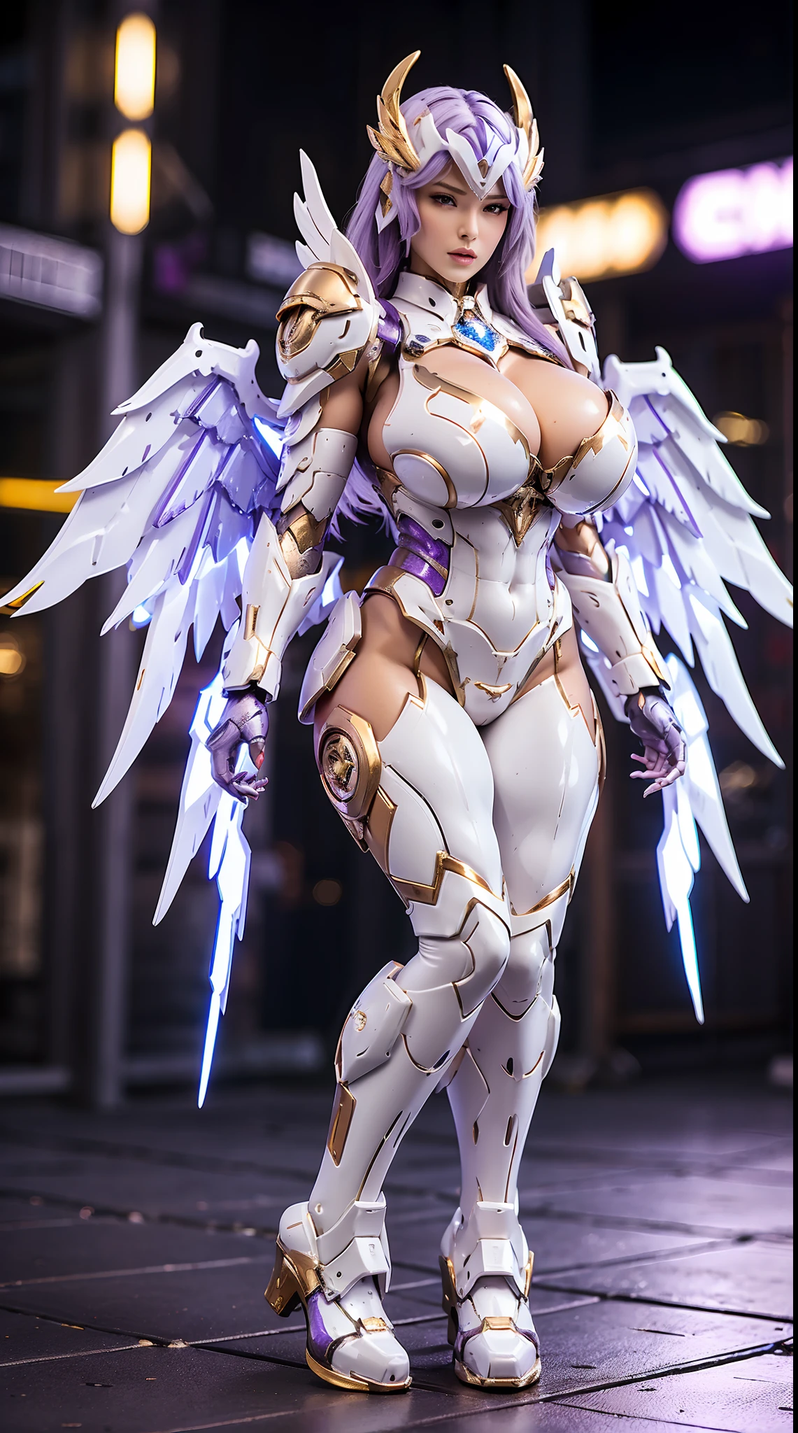 A WOMAN, BEAUTIFULL FACE, HUGE BOOBS, RGB, WHITE, GOLD, PURPLE, MECHA ARMOR FULL GEAR, (SUIT), (CLEAVAGE), (A PAIR LARGEST WINGS), (FULL BODY:1), TRANSPARANT, TALL LEGS, STANDING, SEXY BODY, MUSCLE ABS.