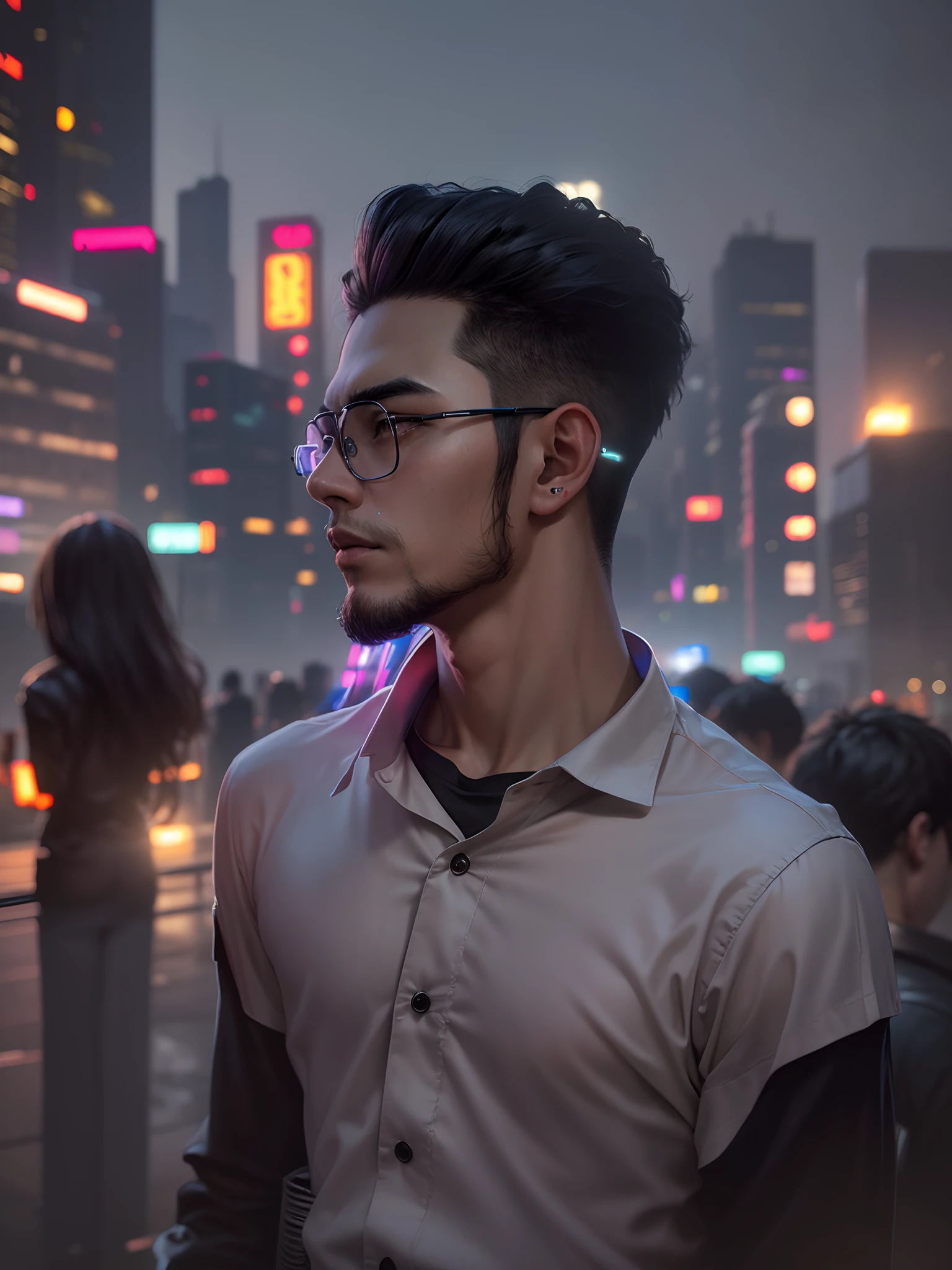 top-quality、masterpiece、超A high resolution、(Photorealsitic:1.4)、Raw foto、21-year old man wearing cyberpunk style round glasses、(night city background:1.2)