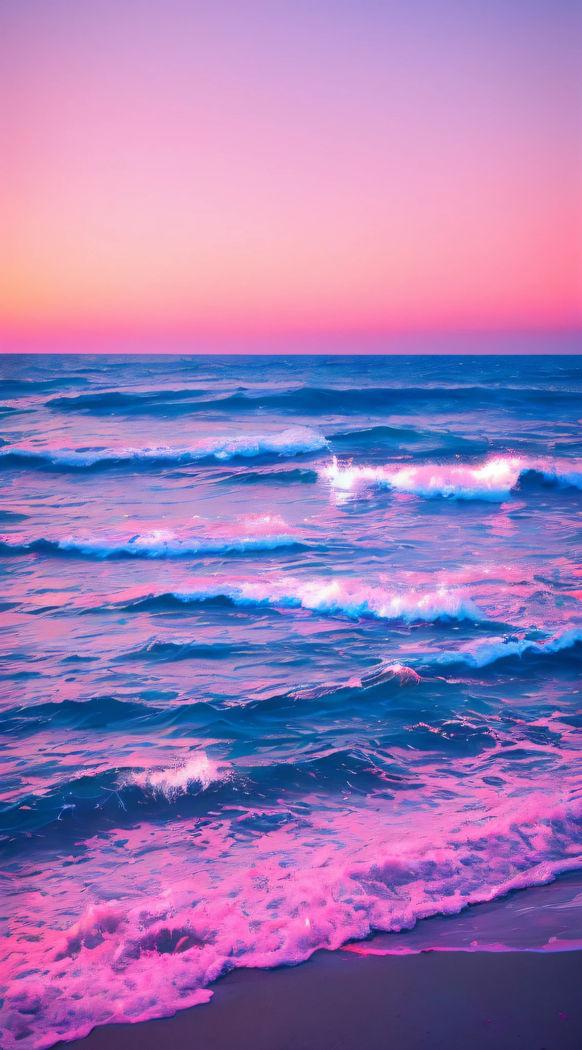 Pink moon, pink sky, soft pink clouds, pink ocean waves sparkling, sparkling, pink roses on pink ocean, fantasy, diamond, crown, universe, soft lights,