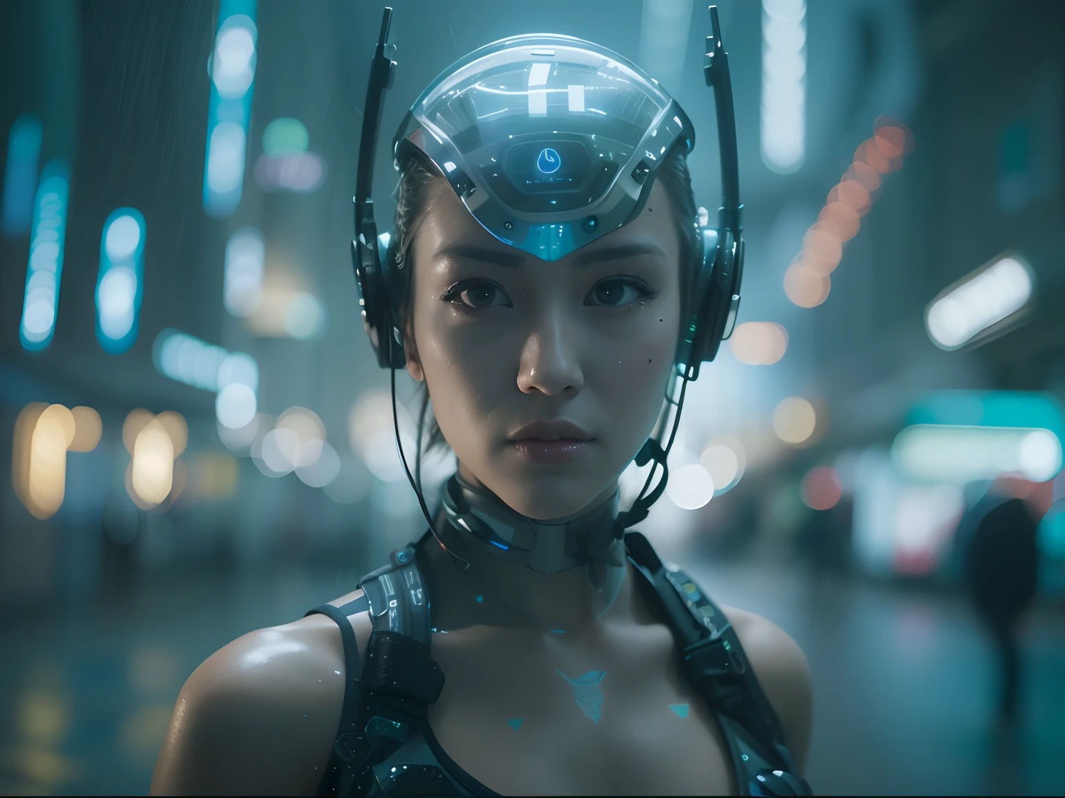 Hay una mujer que lleva un casco futurista con auriculares puestos., Arte cyberpunk ultrarrealista 8K, Estilo cyberpunk hiperrealista, dreamy cyberpunk girl, Kinematic. por leng jun, Cyberpunk hermosa chica, Foto cyberpunk, cyberpunk 2 0 y. o Chica modelo, Arcilla cyberpunk, Ross Tran 8 K, Estilo cyberpunk ， Hiperrealista, CGsociety 8K, CGsociety Cyberpunk