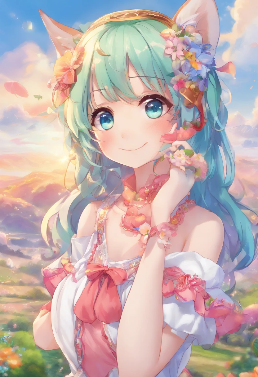 ((masterpiece, best quality)),(illustration),(detailedlight),((anextremelydelicateandbeautiful)),1girl,GodolphinArabian,long hair,blue hair,green eyes,horse ears,horse girl,hair_ornament,white dress, bare shoulders, ,sleeveless,evening dress,long dress,outdoors, light,blue sky, horizon, meadow, wild