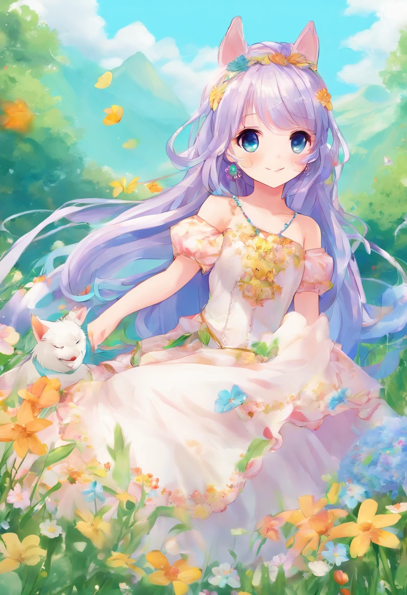 ((masterpiece, best quality)),(illustration),(detailedlight),((anextremelydelicateandbeautiful)),1girl,GodolphinArabian,long hair,blue hair,green eyes,horse ears,horse girl,hair_ornament,white dress, bare shoulders, ,sleeveless,evening dress,long dress,outdoors, light,blue sky, horizon, meadow, wild