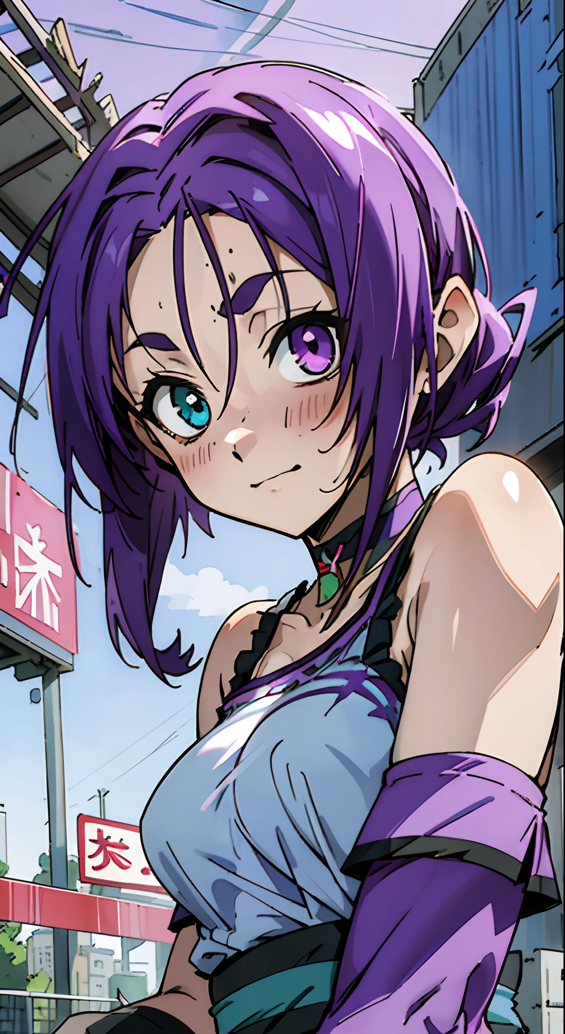 Masterpiece, Best quality, Ultra-detailed, Off-the-shoulder attire, Colorful,take up close, Hyper-detailing，purple color hair, reo mikage, bluelock, no sleeves, camisole, blue camisole, cheongsam, chinese clothes, chest exposure, underwear, the kinky is exposed, choker, arm warmers, sexy breasts, scar, big breasts, red blush, 1girl, Solo, sharpy face, heterochromia, green eyes, purple eyes, Bare neck, happiness face, rays of sunshine, brautiful sky, shining sky, teara, slum town