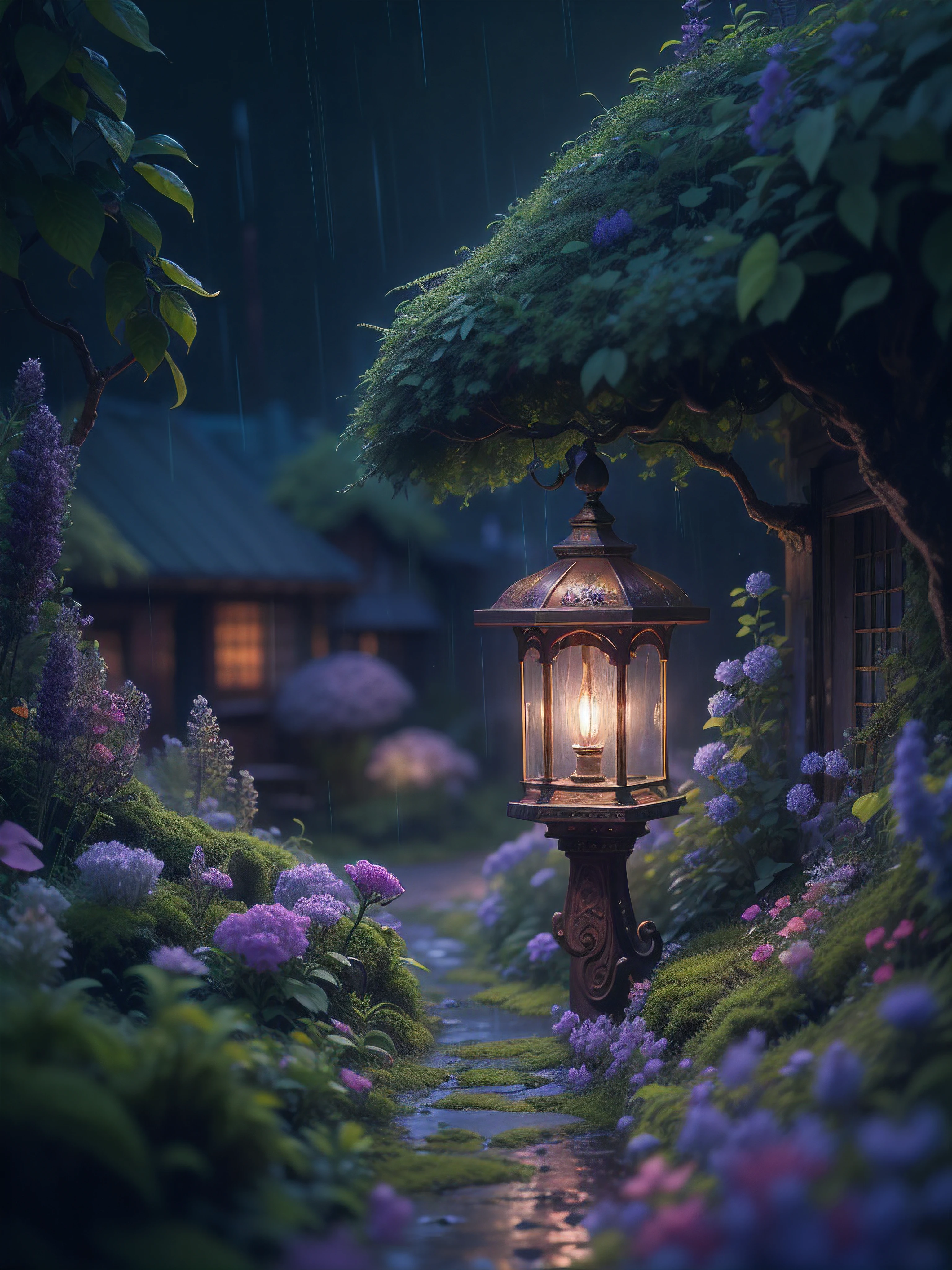 imagine in a small town on a rainy night, in the garden of a house, streetlamp, color, a little moss, shady house in a forest in stormy weather, Lavender, flower, Miki Asai Macro photography, close-up, hyper detailed, trending on artstation, sharp focus, studio photo, intricate details, highly detailed, by greg rutkowski