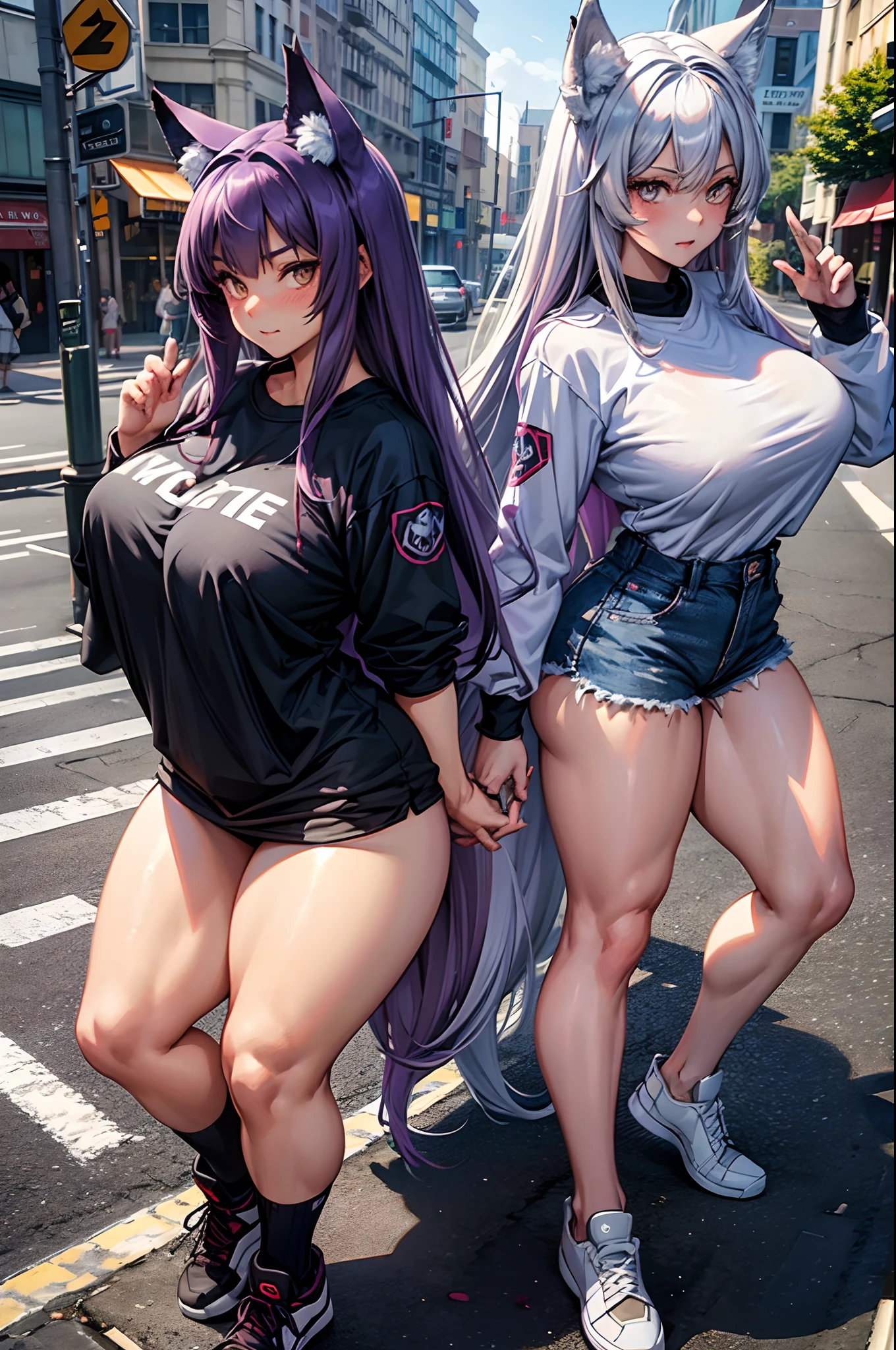 one woman, wolf girl, wolf ears, wolf tail, violet hair, strong, firm body, thick thighs, big breasts, muscular arms, casual clothes, sfw, sexy, full body, masterpiece, highly detailed, tall woman, street wear,