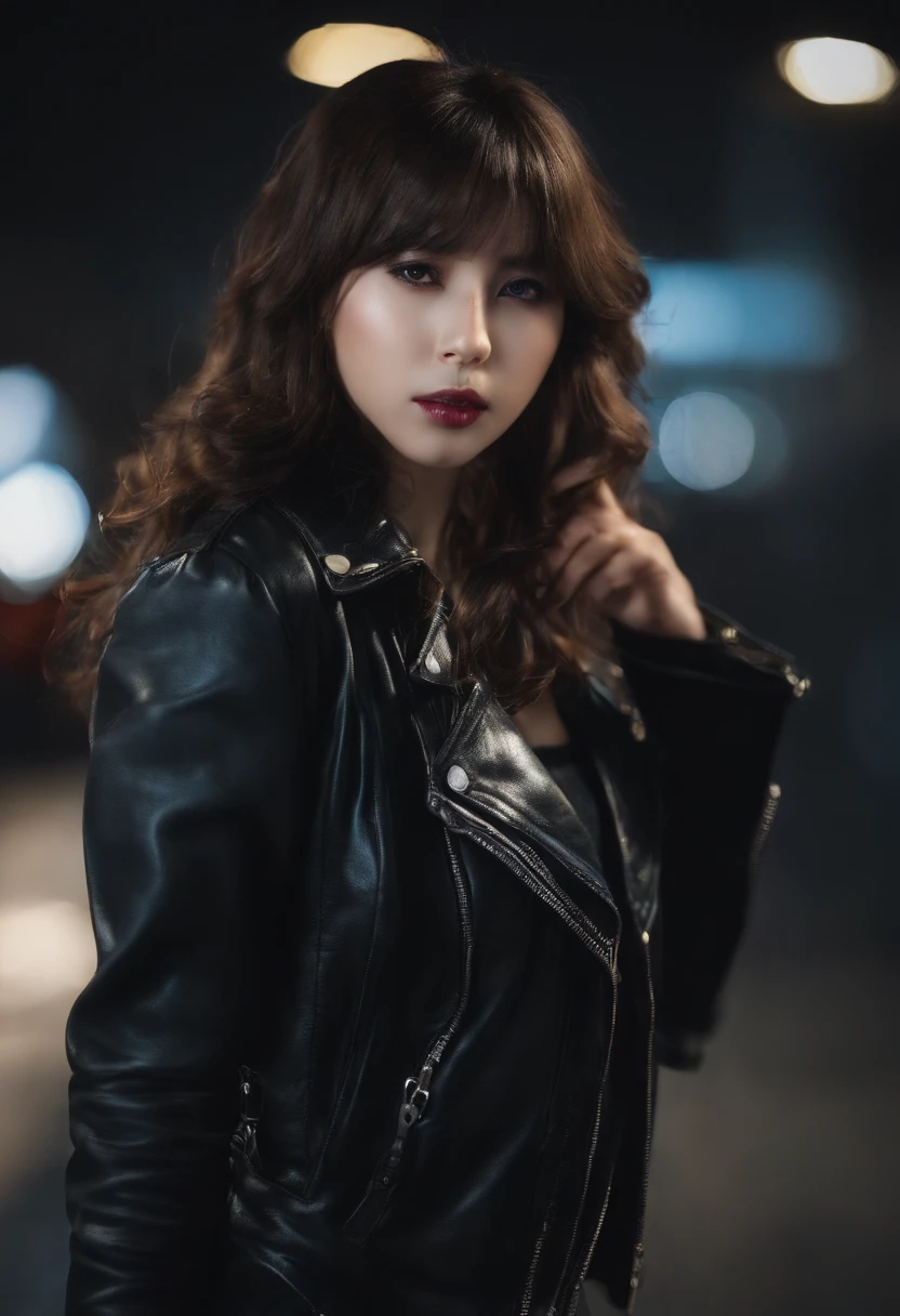 Best Quality,masutepiece,, 魔法少女まどか☆マギカのかなめまどかは、Wearing a black leather jacket and combat boots, holding a magic wand, And has a cold expression on her face.