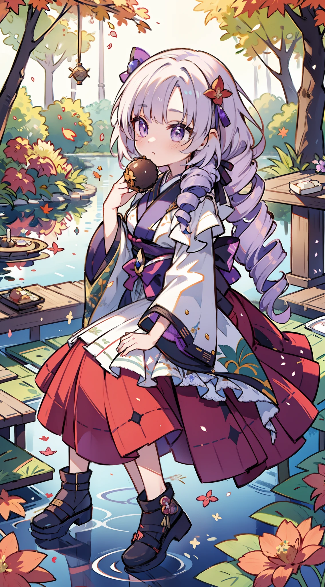 A beautiful moonlit night. Japan garden with impressive autumn leaves and、Pond with floating autumn leaves. Woman in kimono eating tea sweets on porch overlooking garden. (She has lilac drill hair and purple eyes.), She has a beautiful face and brightly colored shining eyes. She wears a kimono with an intricate and beautiful pattern. Nice Japanese sweets. The moonlight reflects off the surface of the pond and glitters. Detailed drawing. Vivid colors. High image quality.