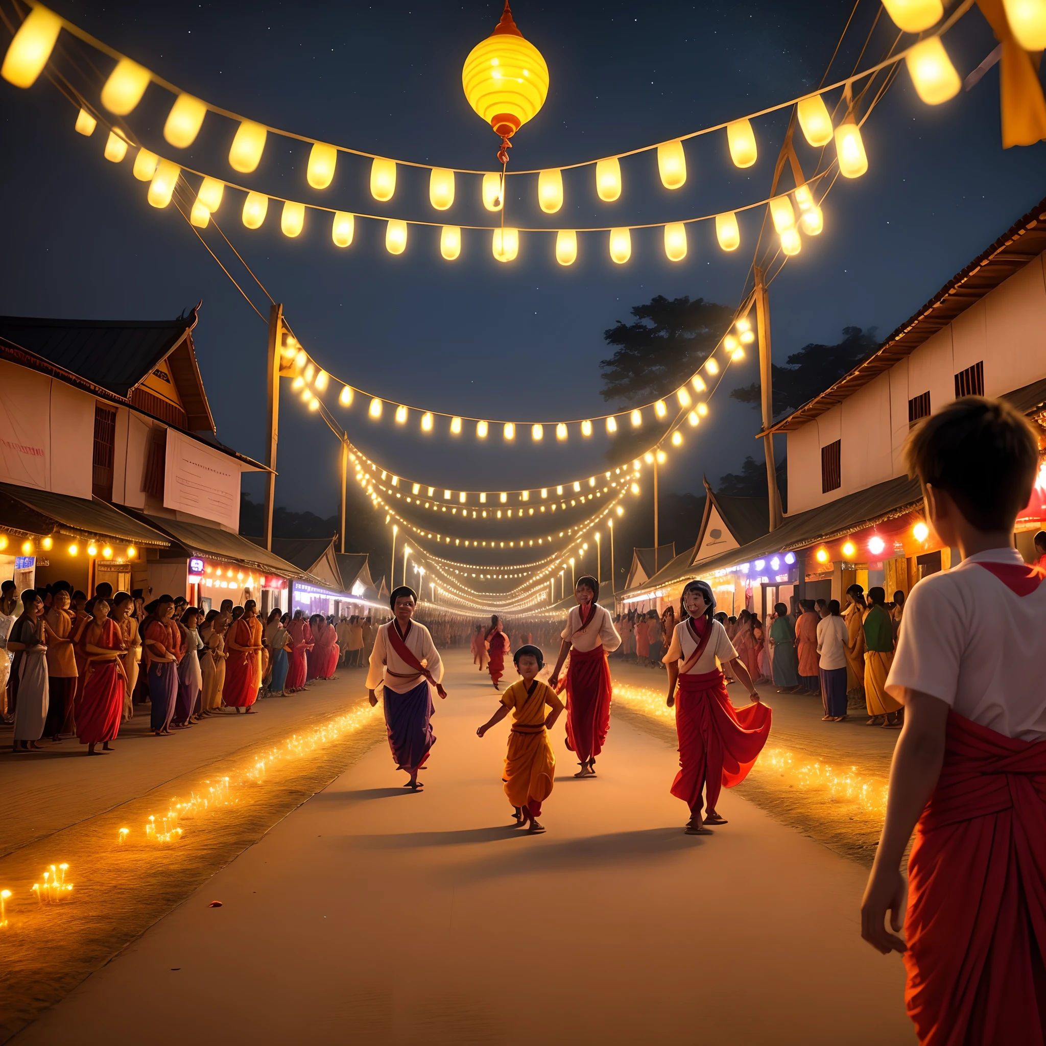 Thadingyut festival in Myanmar, night town,lights everywhere,a family enjoying the moment,kids playing,happy ,HD,cartoon character