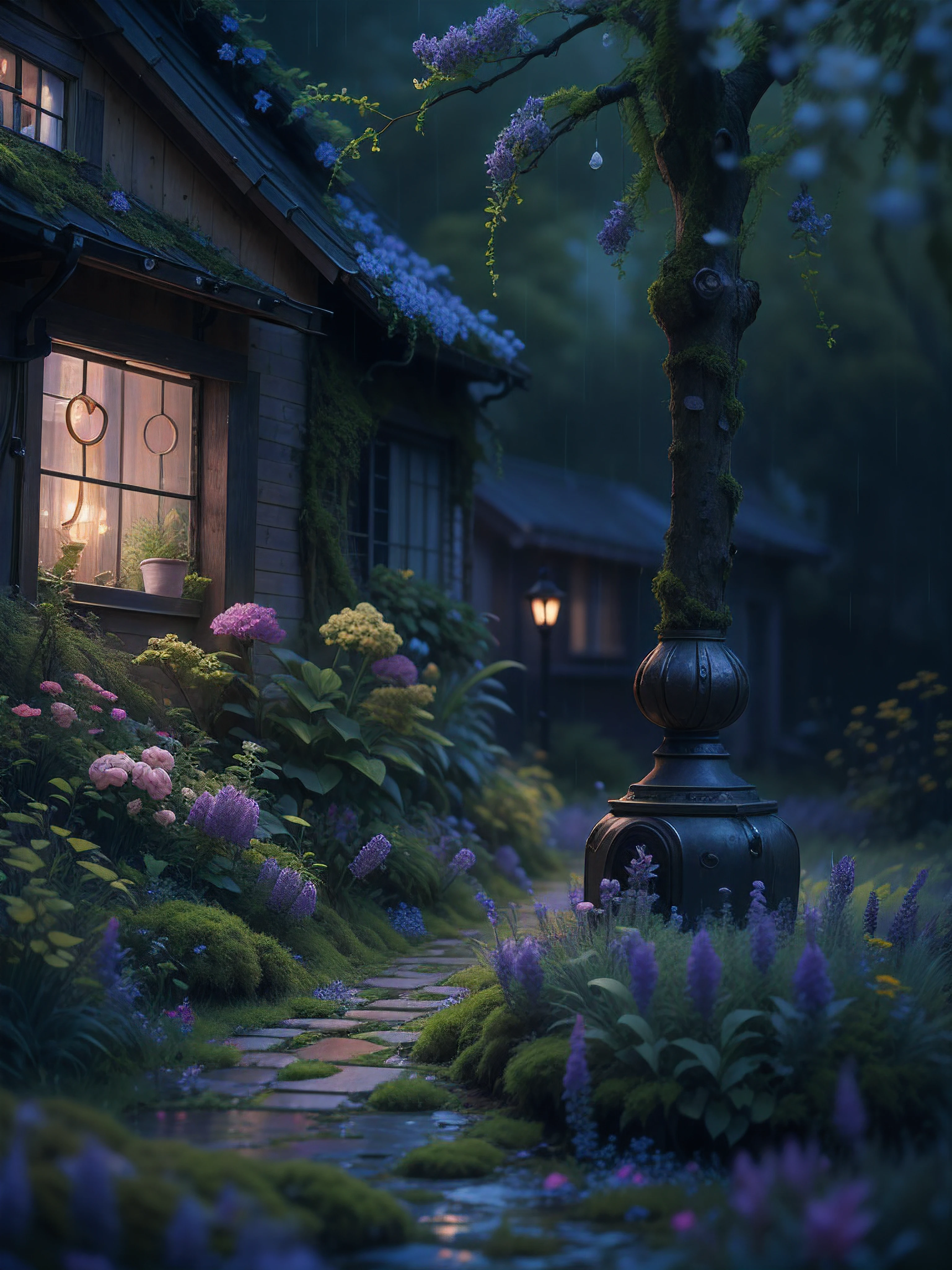 imagine in a small town on a rainy night, in the garden of a house, streetlamp, color, a little moss, shady house in a forest in stormy weather, Lavender, flower, Miki Asai Macro photography, close-up, hyper detailed, trending on artstation, sharp focus, studio photo, intricate details, highly detailed, by greg rutkowski