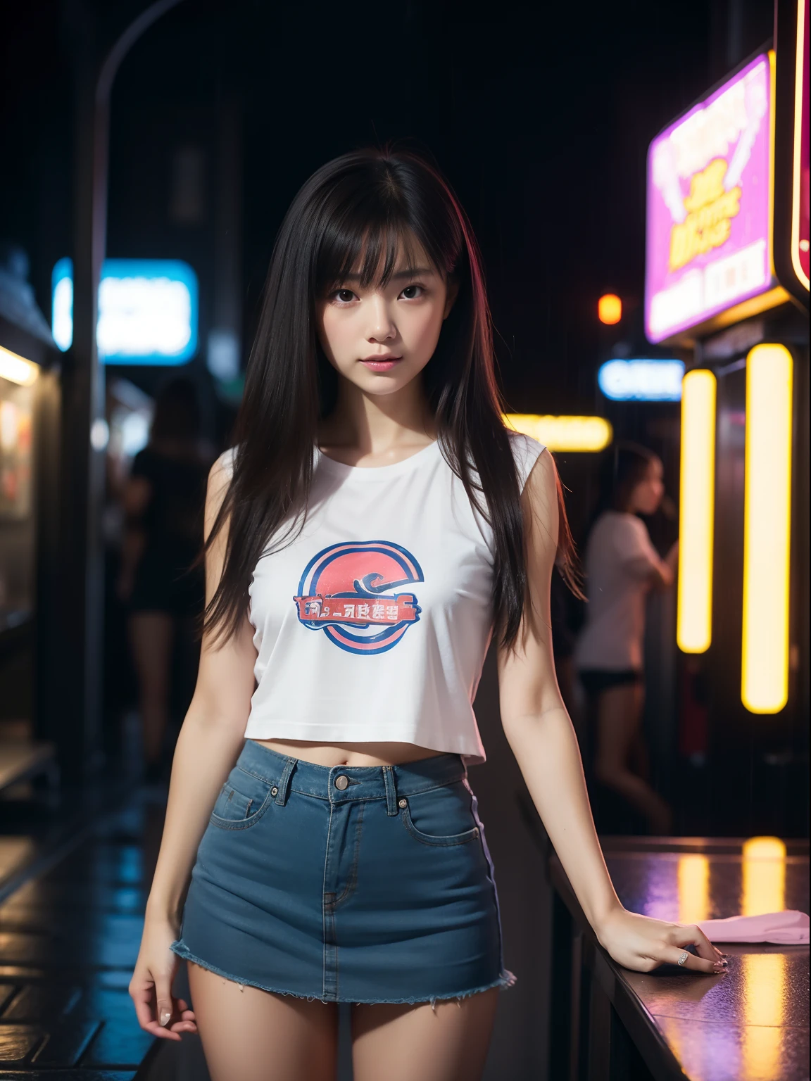 年轻,(a miniskirt),tshirts,teens girl,Delicate body,petite body,Delicate body,small tits,tiny chest,Short,A dark-haired,Very Longhair,arcade,Very heavy rain