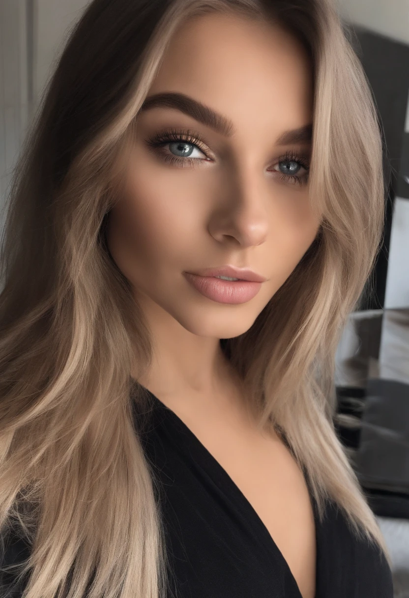 Arafed woman with black clothes, fille sexy aux yeux bruns, Portrait Sophie Mudd, cheveux bruns et grands yeux, selfie of a young woman, Yeux de chambre, Violet Myers, sans maquillage, maquillage naturel, looking straight at camera, Visage avec Artgram, Maquillage subtil, Superbe photo du corps entier, dans la chambre, clivage, espagnol