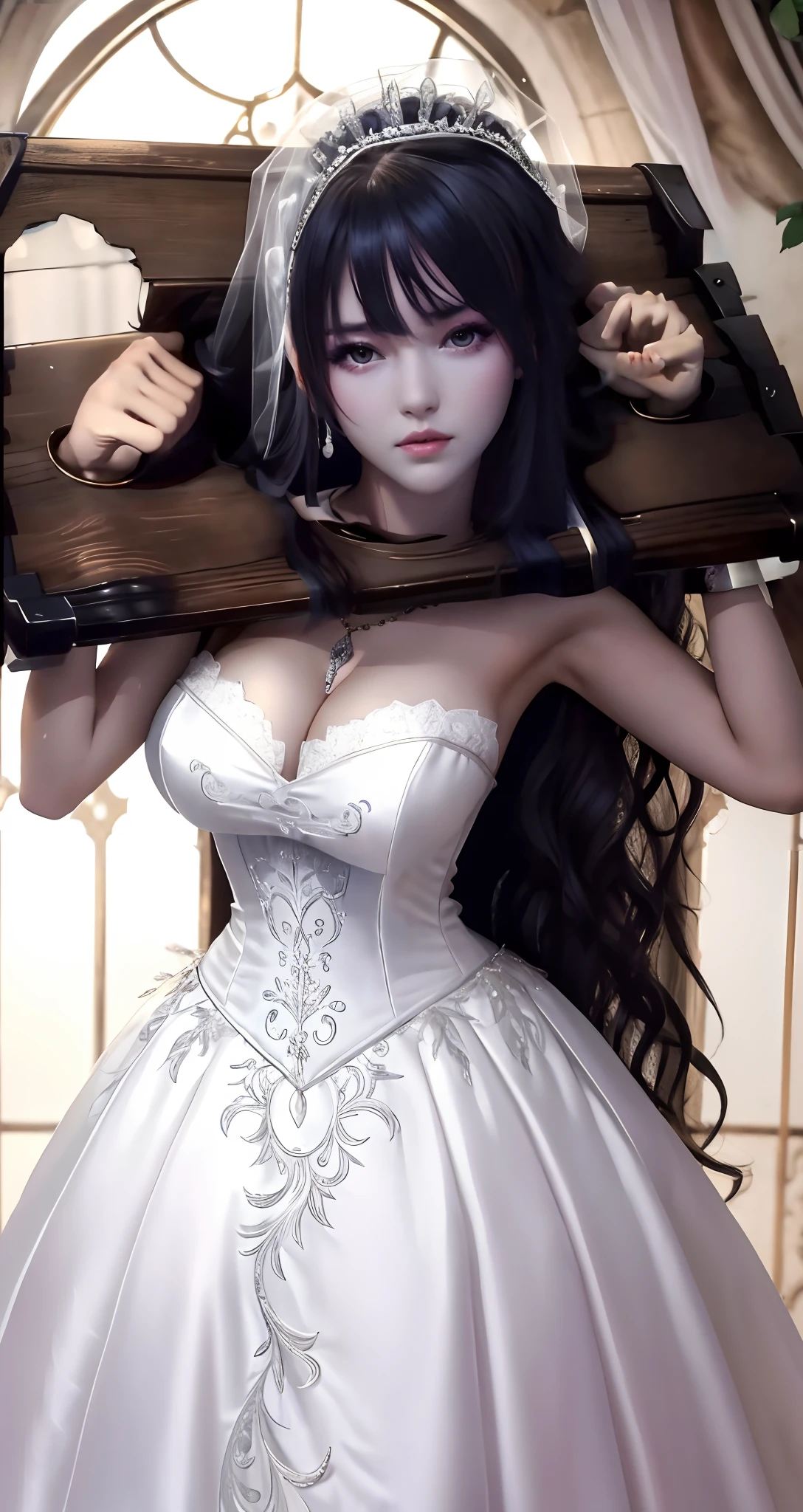 Close-up of a beautiful bride in a beautiful wedding dress, Gurvetz,( pillory:1.5), Flail on the head, Flail on the hands, Flail,(Bridal veil: 1.5), (Short transparent veil: 1.5), Flushed face, Head flower, head gear, (Tubular wedding dress: 1.5), (Silk dress: 1.2 ), (Strapless wedding dress: 1.5), Pure white dress, necklace, Earrings, (Huge breasts: 1.3), Deep V heart collar wedding dress, bangs, lipstick, (Lace gloves: 1.3), Full body photo, High detail RAW color art, a white long skirt, Whole body, with hands behind her back, and floor-length skirts,