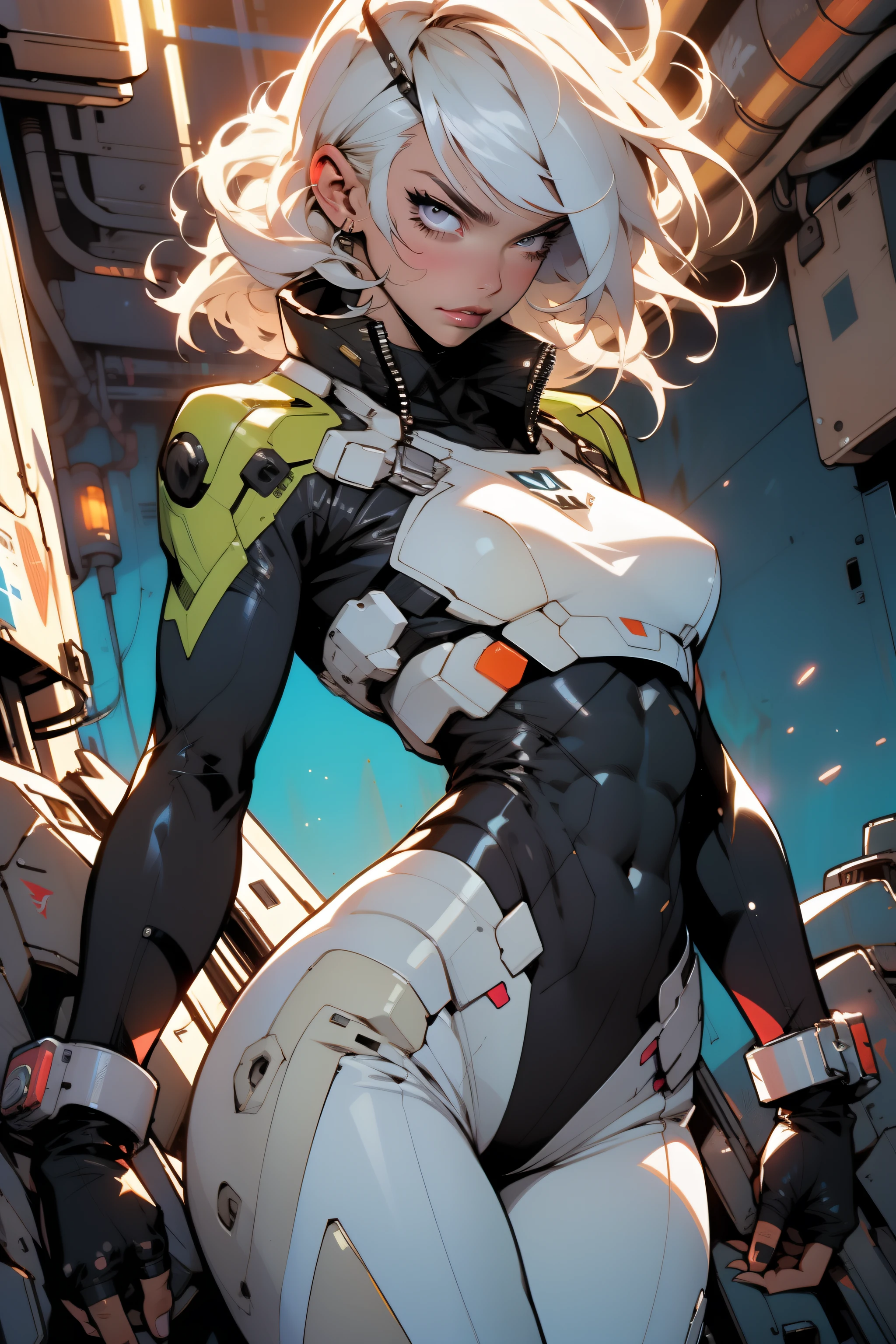(((Simon Bisley)))), Mature woman 35 years muscular gorgeous, giant robot pilot, wild with perfect body, bare thighs, white hair with bangs, wearing little clothes, tiny thong, synthwave colors, sensual pose, pose with attitude, add movements, medium breasts, technological scenery, thigh gap