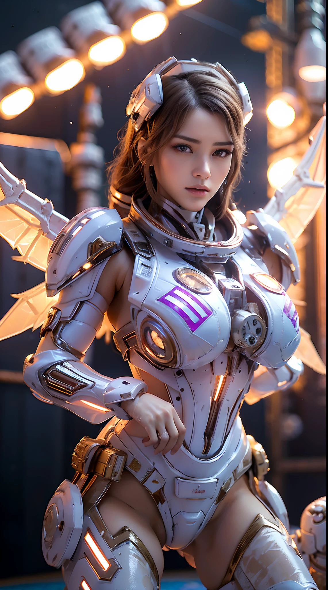 8k, 。.............3D, realista, Ultra Micro Photography, of the highest quality, Super detalle CG Unity 8k,una mujer hermosa, Cara hermosa, Tetas enormes, Rgb, blanco, oro, morado, MECHA ARMOR FULL GEAR, (traje), (escote), (A PAIR OF LARGER WINGS), transparente, Piernas altas, cuerpo sexy, abdominales musculares. (Space Station:1.4)