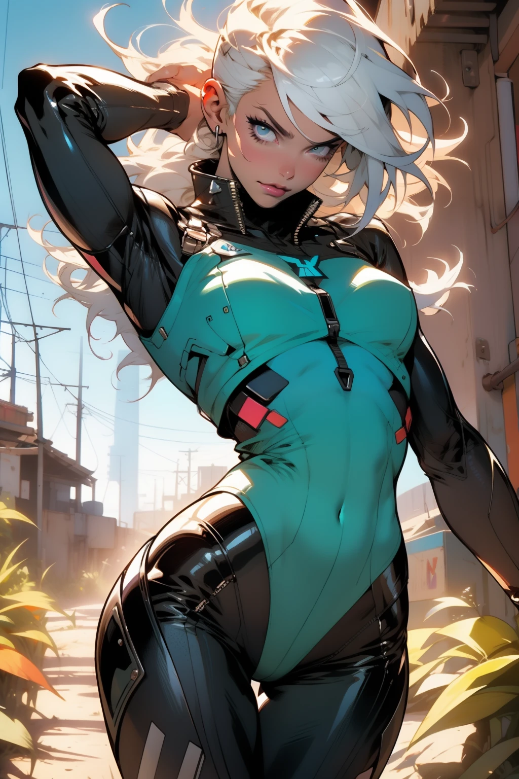 (((Simon Bisley)))), Mature woman 35 years muscular gorgeous, giant robot pilot, wild with perfect body, bare thighs, white hair with bangs, wearing little clothes, tiny thong, synthwave colors, sensual pose, pose with attitude, add movements, medium breasts, technological scenery, thigh gap