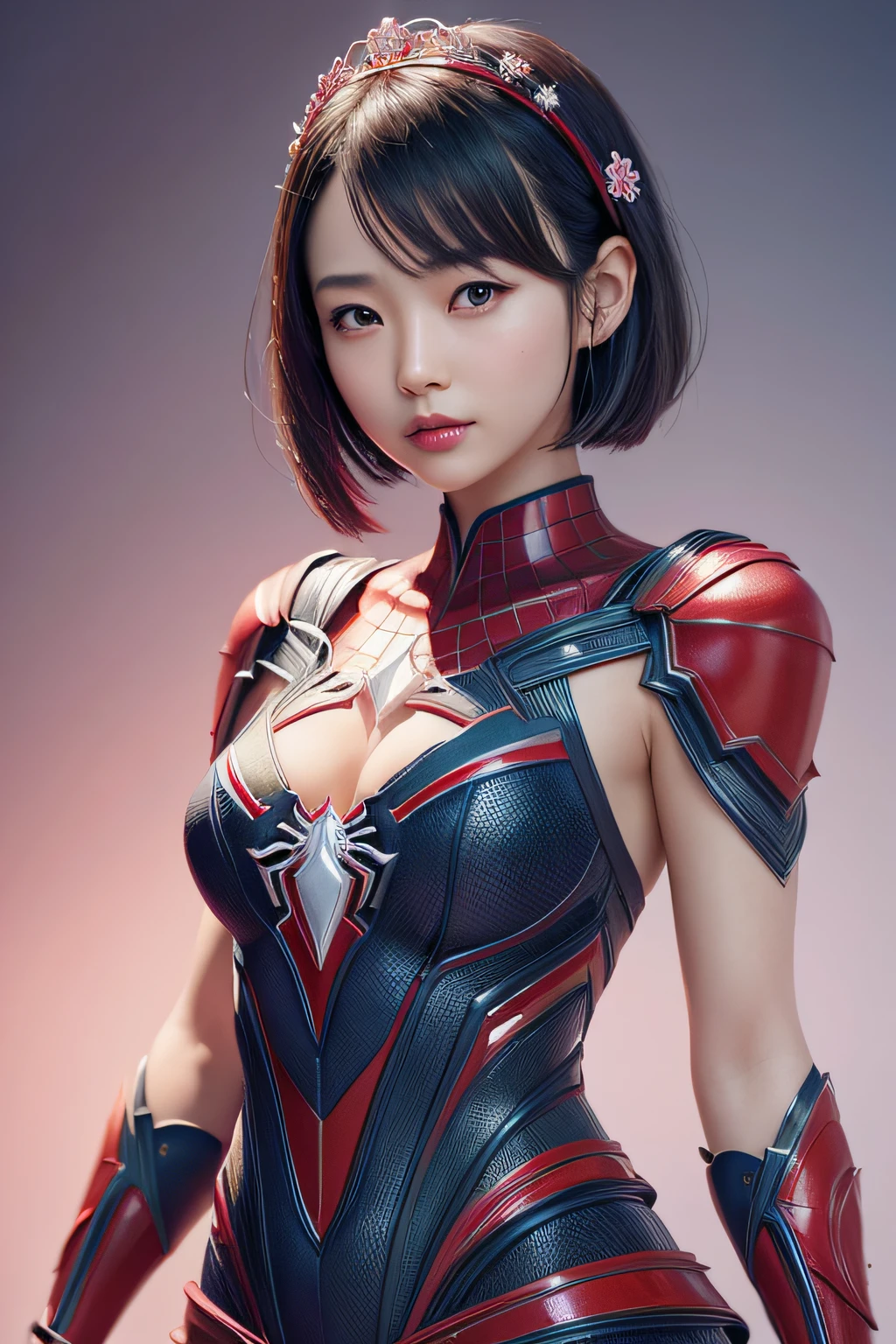 beautiful japanese young woman, wearing spiderman armor made of diamond and sapphire, thick symmetrical features, very short hair, background is cherry blossoms, pink aura, red lips, octane render,