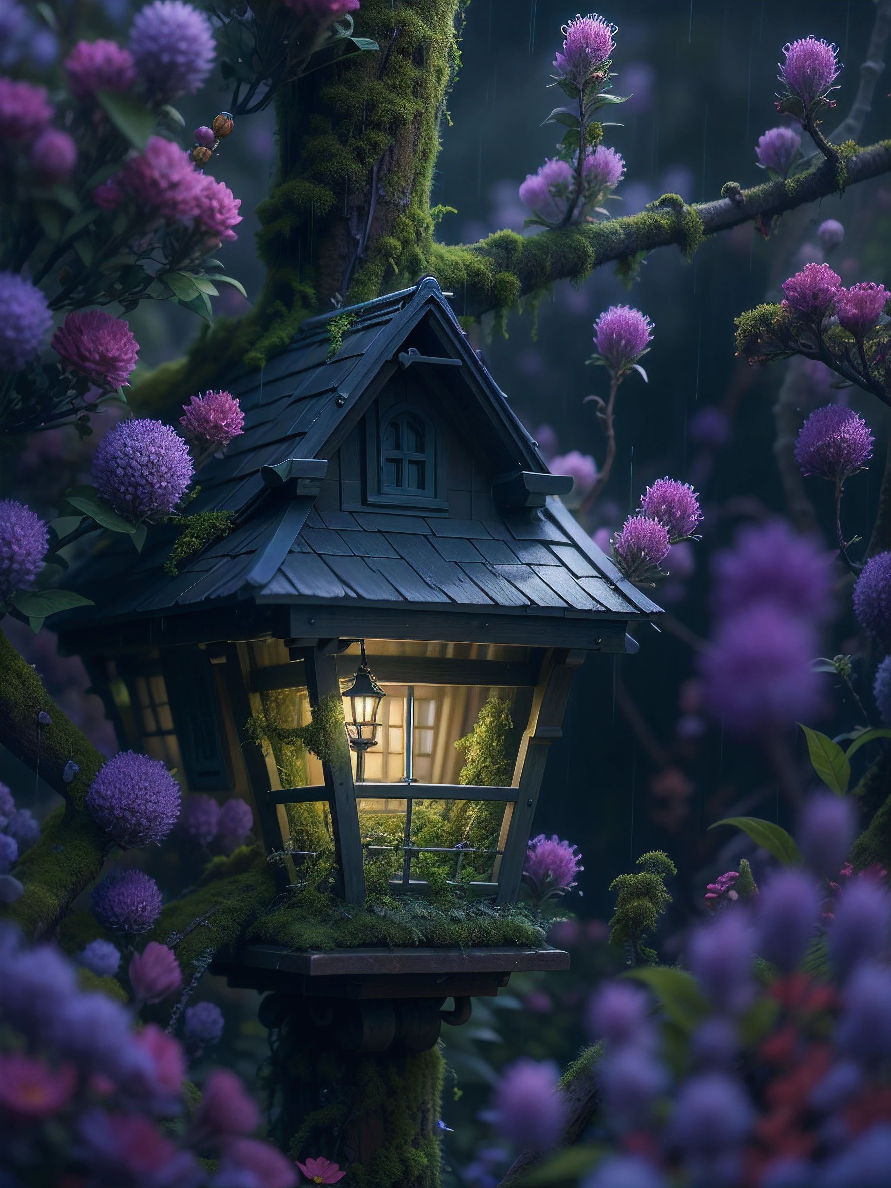 imagine in a small town on a rainy night, in the garden of a house, streetlamp, color, a little moss, shady house in a forest in stormy weather, Lavender, flower, Miki Asai Macro photography, close-up, hyper detailed, trending on artstation, sharp focus, studio photo, intricate details, highly detailed, by greg rutkowski