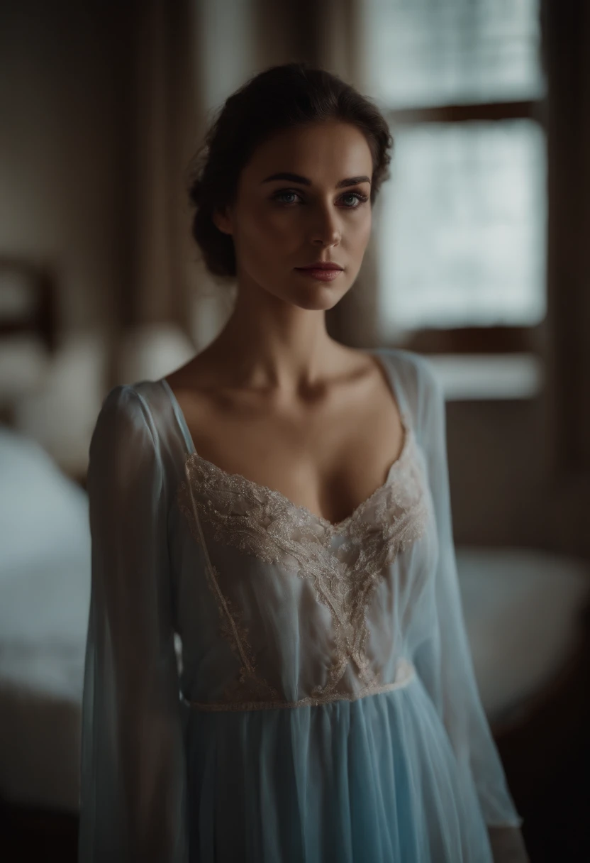 "(best quality,4k,8k,highres,masterpiece:1.2), ultra-detailed, young brunette girl, beautiful detailed blue eyes, slim figure, shy face, wide angle view, light clothing, nightgown, lingerie, light makeup", Carnal desire