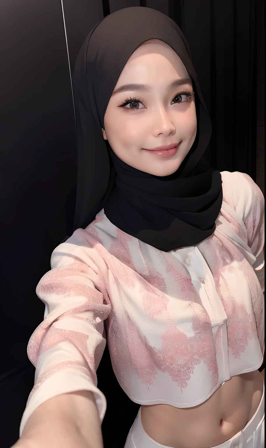 absurdres, 1malay girl in hijab,medium breast, star eye, blush, (realistic:1.5), (masterpiece, Extremely detailed CG unity 8k wallpaper, best quality, highres:1.2), (ultra_detailed, UHD:1.2), (pixiv:1.3), perfect illumination, distinct, (1girl:1.4), (bishoujo:1.2), looking at viewer, unreal engine, sidelighting, perfect face, detailed face, hijab, perfect body, beautiful eyes, pretty face, (bright skin:1.4), idol, (abs),, (navel), ruins, dark place, night, dark aura, close-up, selfie, (blood on face:1.3), (evil smile:1.1)