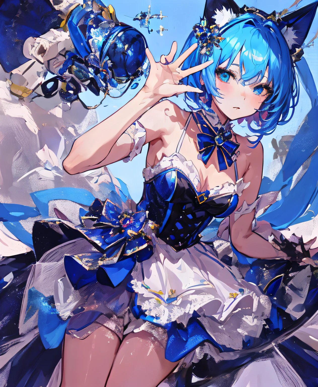 ((masterpiece), high definition), cat eared, short topaz blue gradation haired, cat idol, short skirt, leggings, black hand glove, cute cat microphone, audience lighting lamp, sparkling effect, cute face, elegant proper costume, beautiful, looking at viewer
