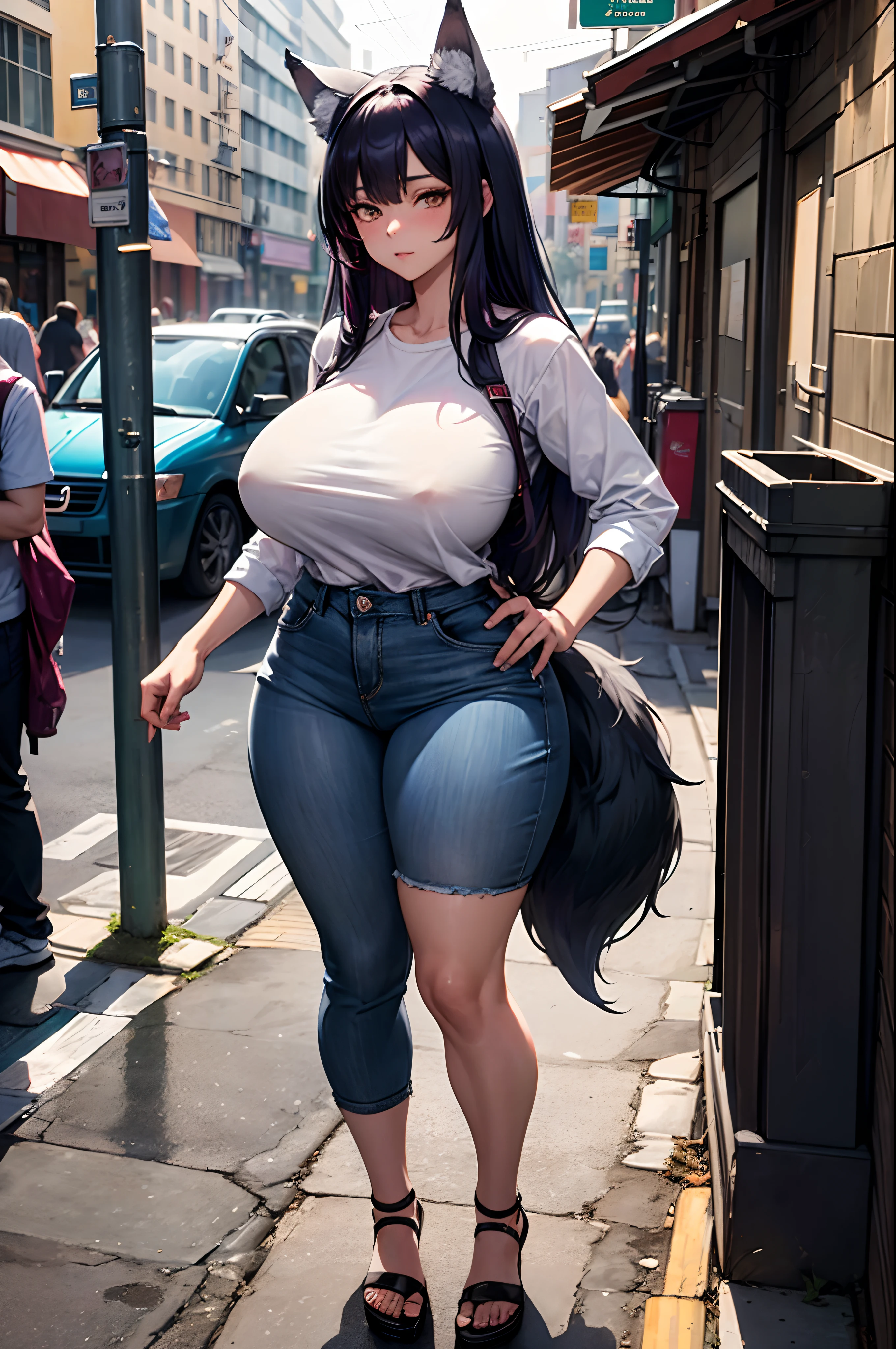 one woman, wolf girl, wolf ears, wolf tail, violet hair, strong, firm body, thick thighs, big breasts, muscular arms, casual clothes, sfw, sexy, full body, masterpiece, highly detailed, tall woman, street wear,