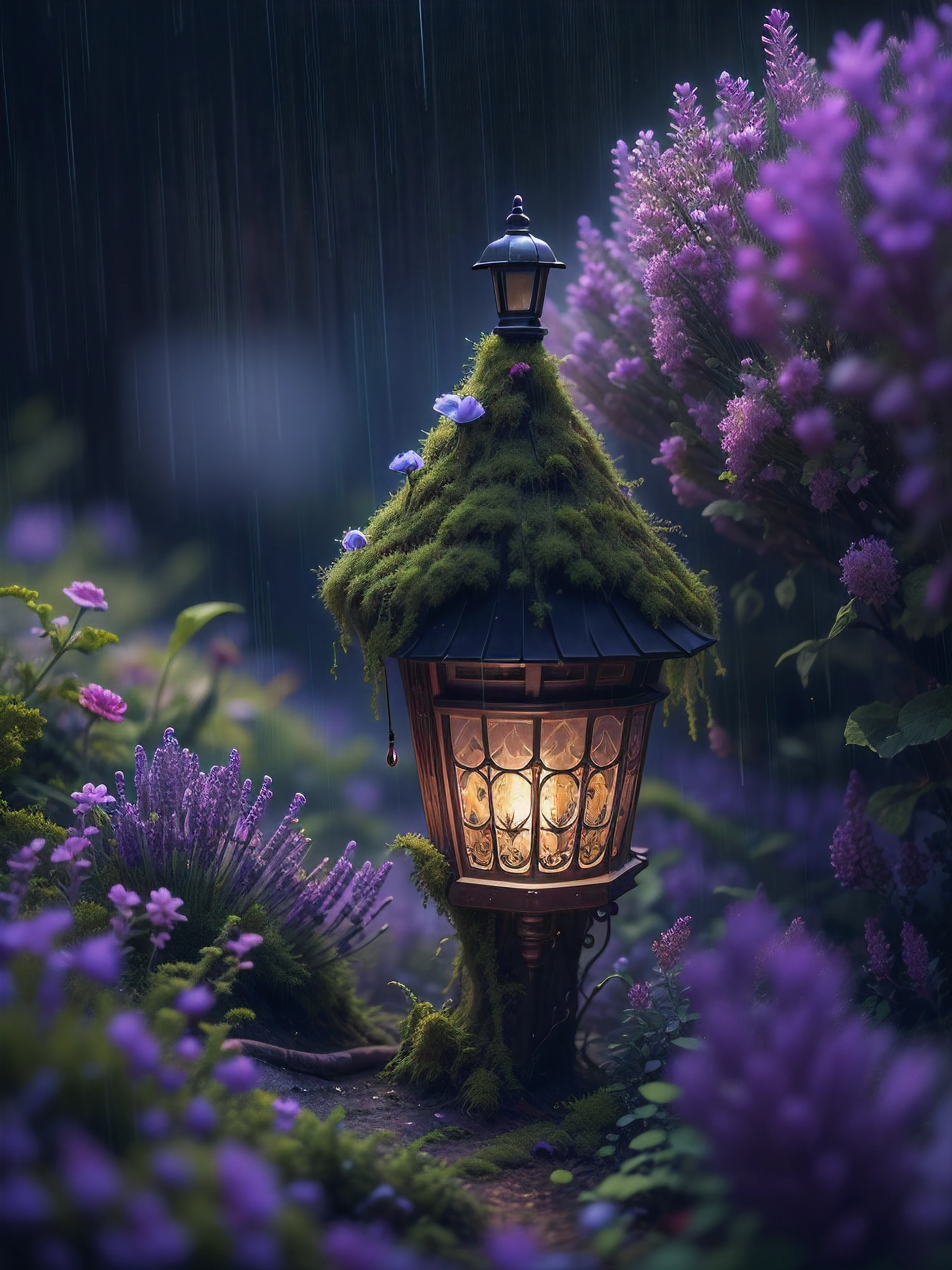 imagine in a small town on a rainy night, in the garden of a house, streetlamp, color, a little moss, shady house in a forest in stormy weather, Lavender, flower, Miki Asai Macro photography, close-up, hyper detailed, trending on artstation, sharp focus, studio photo, intricate details, highly detailed, by greg rutkowski
