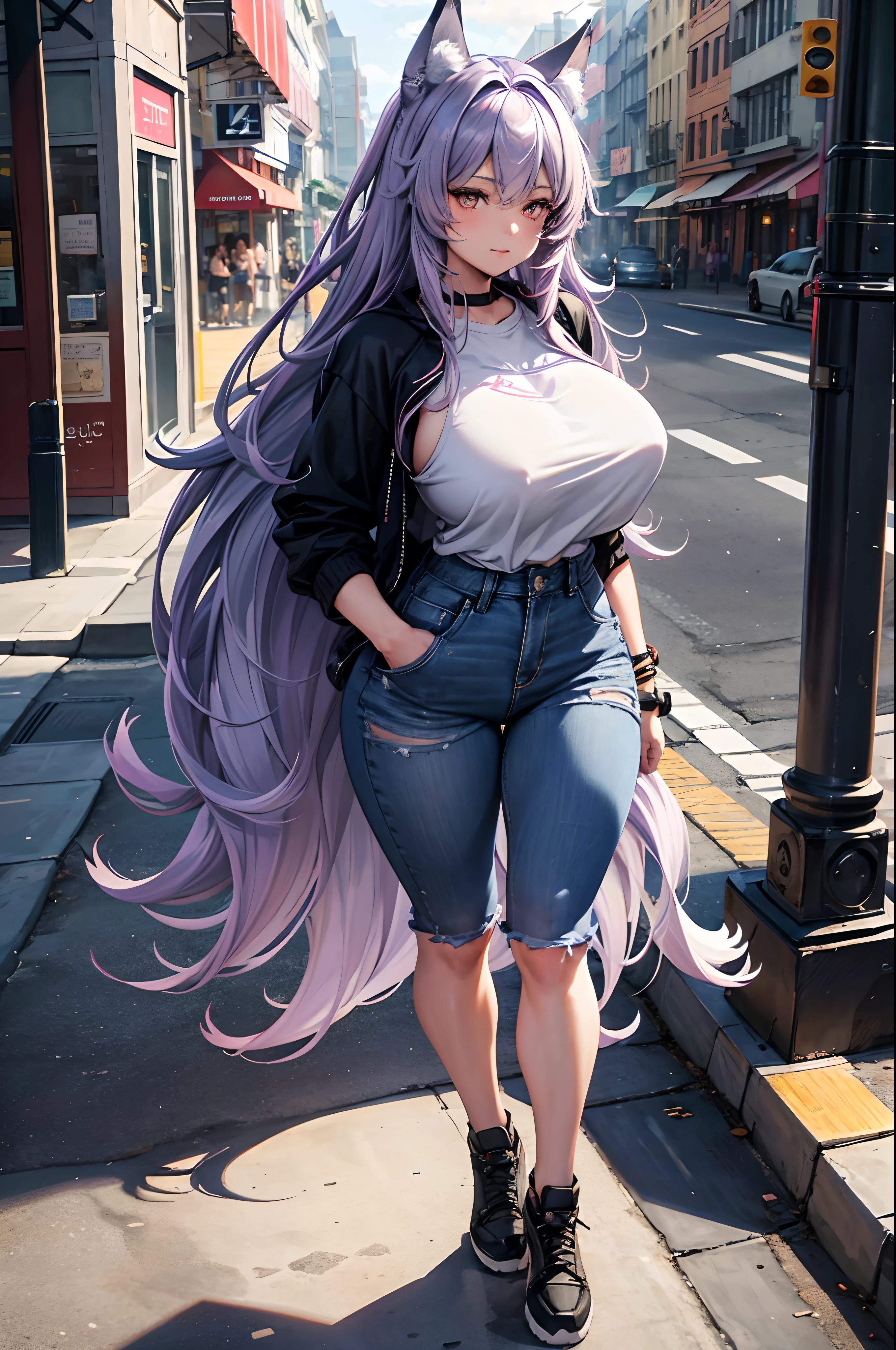 one woman, wolf girl, wolf ears, wolf tail, violet hair, strong, firm body, thick thighs, big breasts, muscular arms, casual clothes, sfw, sexy, full body, masterpiece, highly detailed, tall woman, street wear,