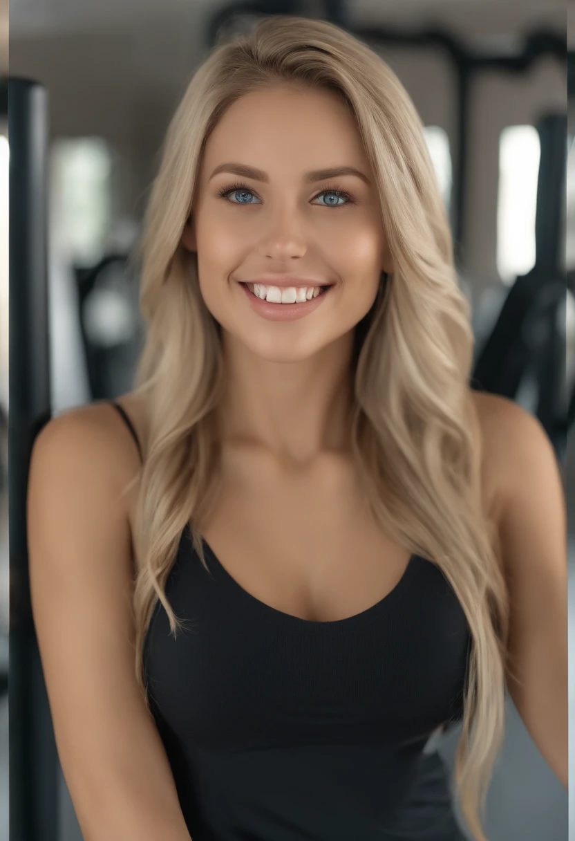 arafed woman fully, sexy girl with blue eyes, ultra realistic, meticulously detailed, blonde hair and large eyes, selfie of a young woman, without makeup, natural makeup, face with artgram, subtle makeup, in the gym, butt in leggins, taking selfie in the mirror, medium to large size bust, full body and legs visible, wide smile teeth