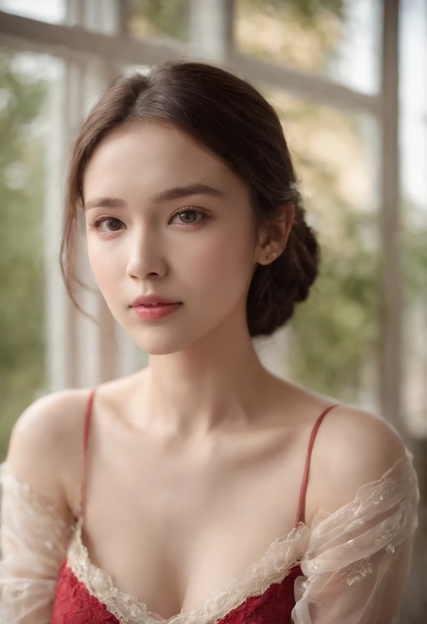 8yk、Raw photo、(masuter piece)、(finely best quality)、Hi-Res、(girl)、(realisitic、Hphotorealistic:1.2), Upper body、Red camisole、Facing up、skinny、14years、small tits、Eyes closed、Deep sadness、Sorrow、look up sky、Open mouth、screeming、a room、Background blur