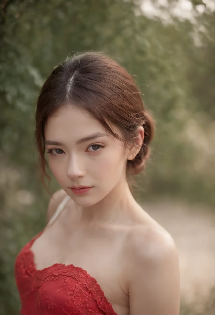 8yk、Raw photo、(masuter piece)、(finely best quality)、Hi-Res、(girl)、(realisitic、Hphotorealistic:1.2), Upper body、Red camisole、Facing up、skinny、14years、small tits、Eyes closed、Deep sadness、Sorrow、look up sky、Open mouth、screeming、a room、Background blur