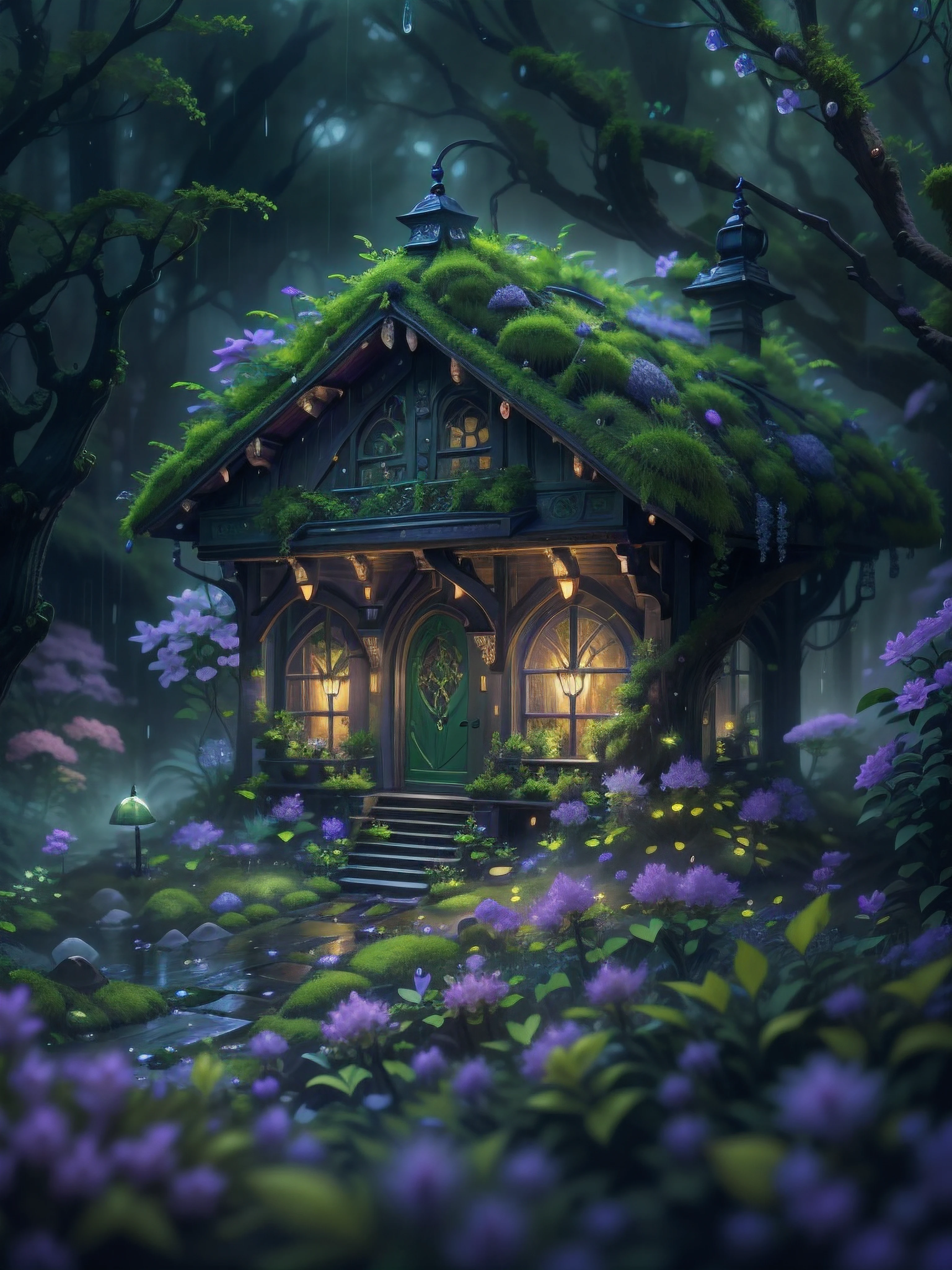 imagine in a small town on a rainy night, in the garden of a house, streetlamp, color, a little moss, shady house in a forest in stormy weather, Lavender, flower, Miki Asai Macro photography, close-up, hyper detailed, trending on artstation, sharp focus, studio photo, intricate details, highly detailed, by greg rutkowski