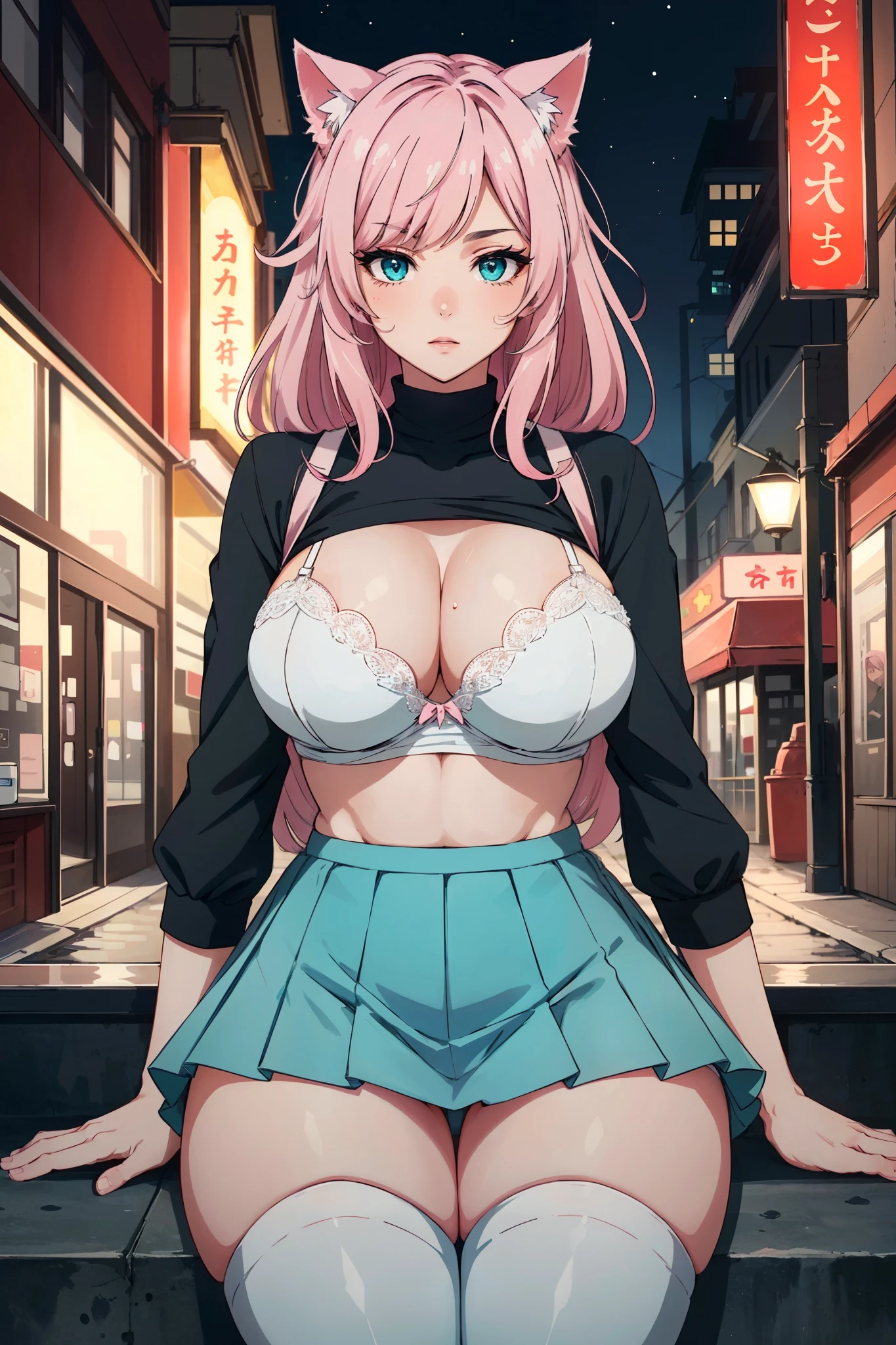 ((mature adult tall woman, mature_face)), (glowing aqua eyes), cat ears, narrow waist, gradient (pink hair), large breasts, large areolae, (oily skin) ,
(mature woman:1.2), adult, solo, pink long hair, aqua eyes, white bra, (pleated miniskirt:1.3), white panties, sitting rear view, sitting butt focus, night city in background, wind, (masterpiece), (high quality), (best quality), (detailed), hd, perfect lighting, detailed face, detailed body, thick thighs, thicc, ((((thighs gap)))), (((tight thighhighs))), skindentation, sitting