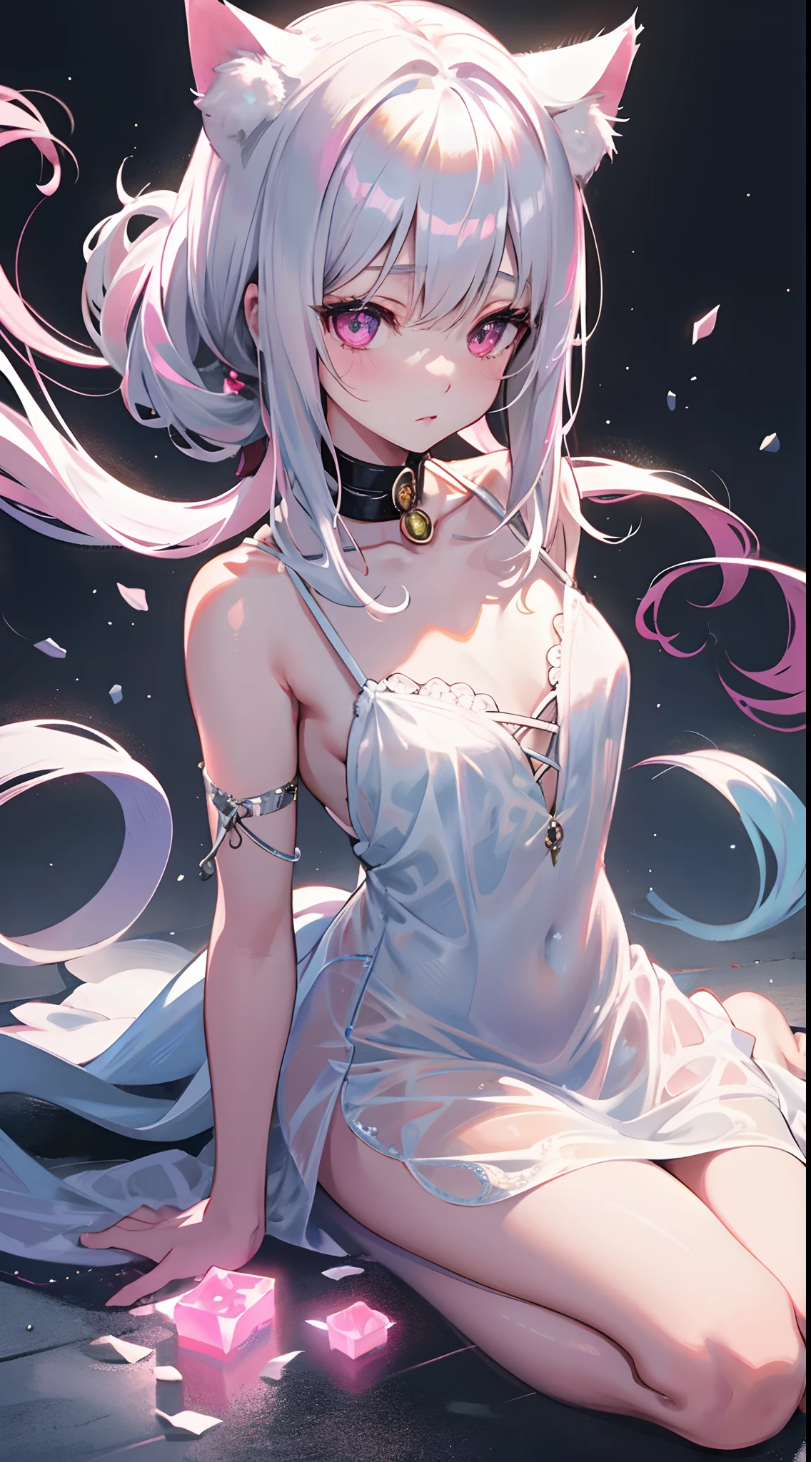 Best Quality, One Girl, Warm Lighting, Silver Hair on the Top of the Head and Pink at the Tips, Cute, Anime, Sheer White Skin, Asian Girl, Full Body, Sensual, Gentle Eyes, Cat Ears, Animation, Fantasy, Seductive, Shy Face, , Frightened, White Dress, Collar, Tail, Wizard, Fantastic, Portrait, See-Through