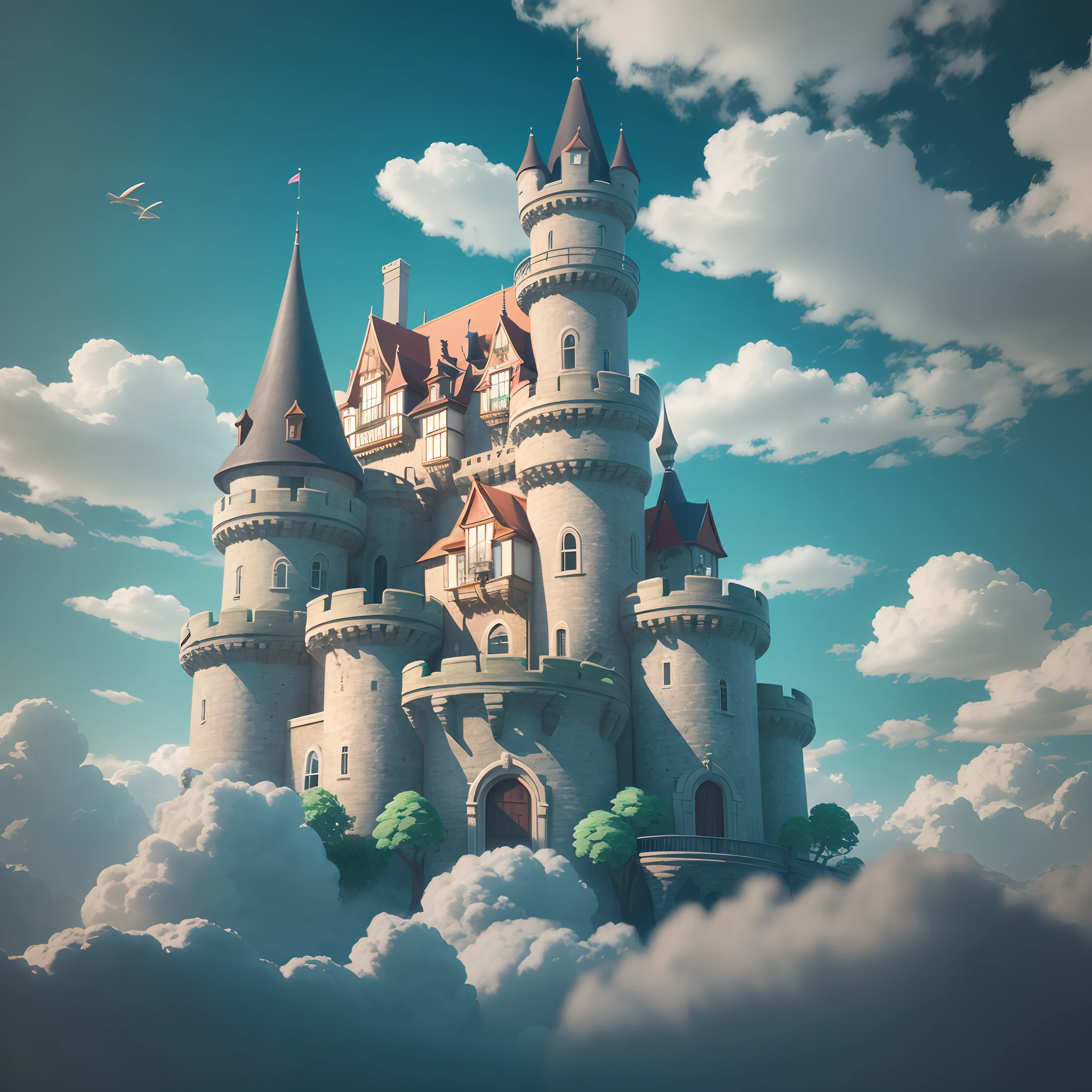 (The entire building is surrounded by clouds:1.2)，((The castle floats in the sky:1.1))，isometry，3Drenderingof,Very high definition，(high detal)，8K，cinmatic lighting，(超高分辨率)，A masterpiece of game assets，best qualtiy,Toon,Pixar style,Simple design,mini sence,Animal crossing,1building,。.3D,Clean,Eggplant and Coral