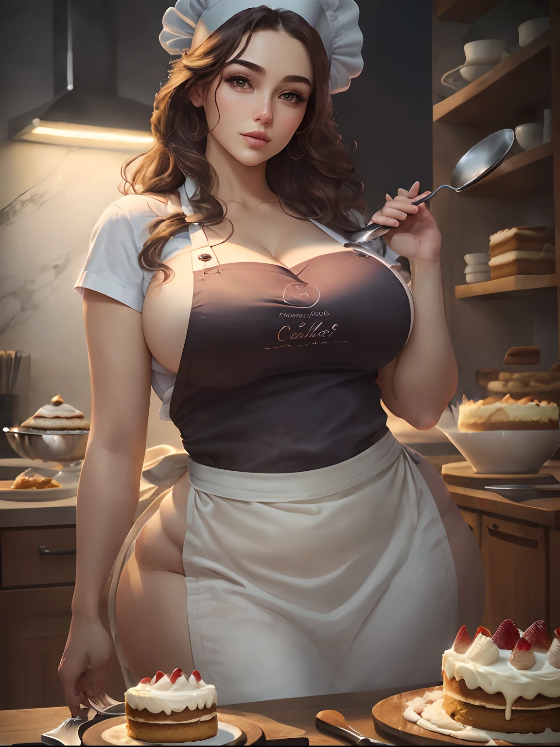 (best quality,4k,8k,highres,masterpiece:1.2),ultra-detailed,(realistic,photorealistic,photo-realistic:1.37),beautiful curvy woman,wearing only a tight and little apron,(seductive stance:1.1),sexy,big boobs,(detailed facial features,beautiful eyes,perfectly shaped nose,plump lips),(curvy silhouette:1.1),leaning forward,baking a cake,curvy,caucasian,(soft and warm lighting),(fine details on the apron),(fine lines and curves on the woman's body),chef hat,professional,vivid colors,romantic atmosphere,delicate brush strokes,subtle shadows,aromatic ingredients,enticing aroma --auto --s2