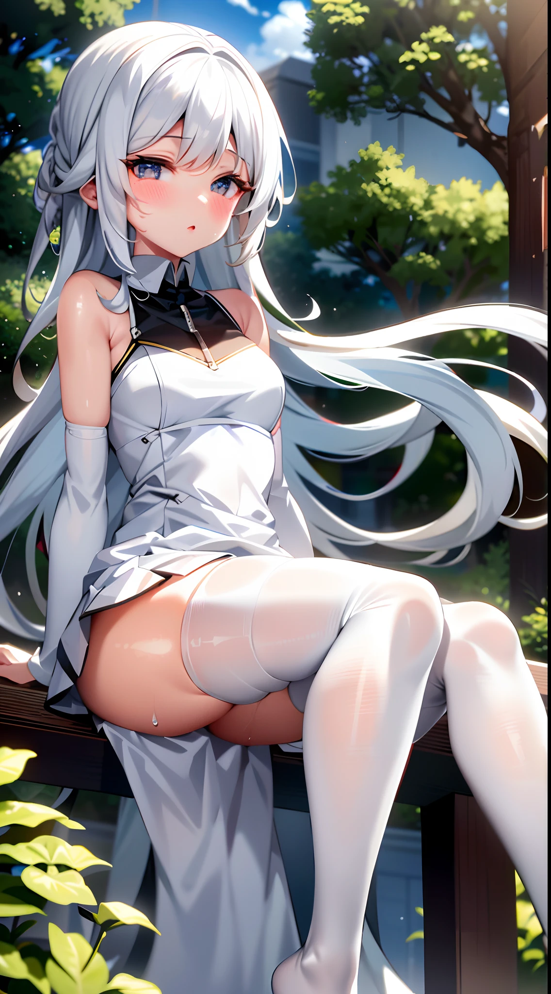 Anime girl sitting on bench with cat ears and white dress, white dress !! Silver hair, cute anime Huaifu in beautiful clothes, white hair god, in skirt, girl with white hair, perfect girl with white hair, white hair, guweiz on the pixiv art station, flowing white hair, long white hair, long white hair, white pantyhose with a lot of sweat,