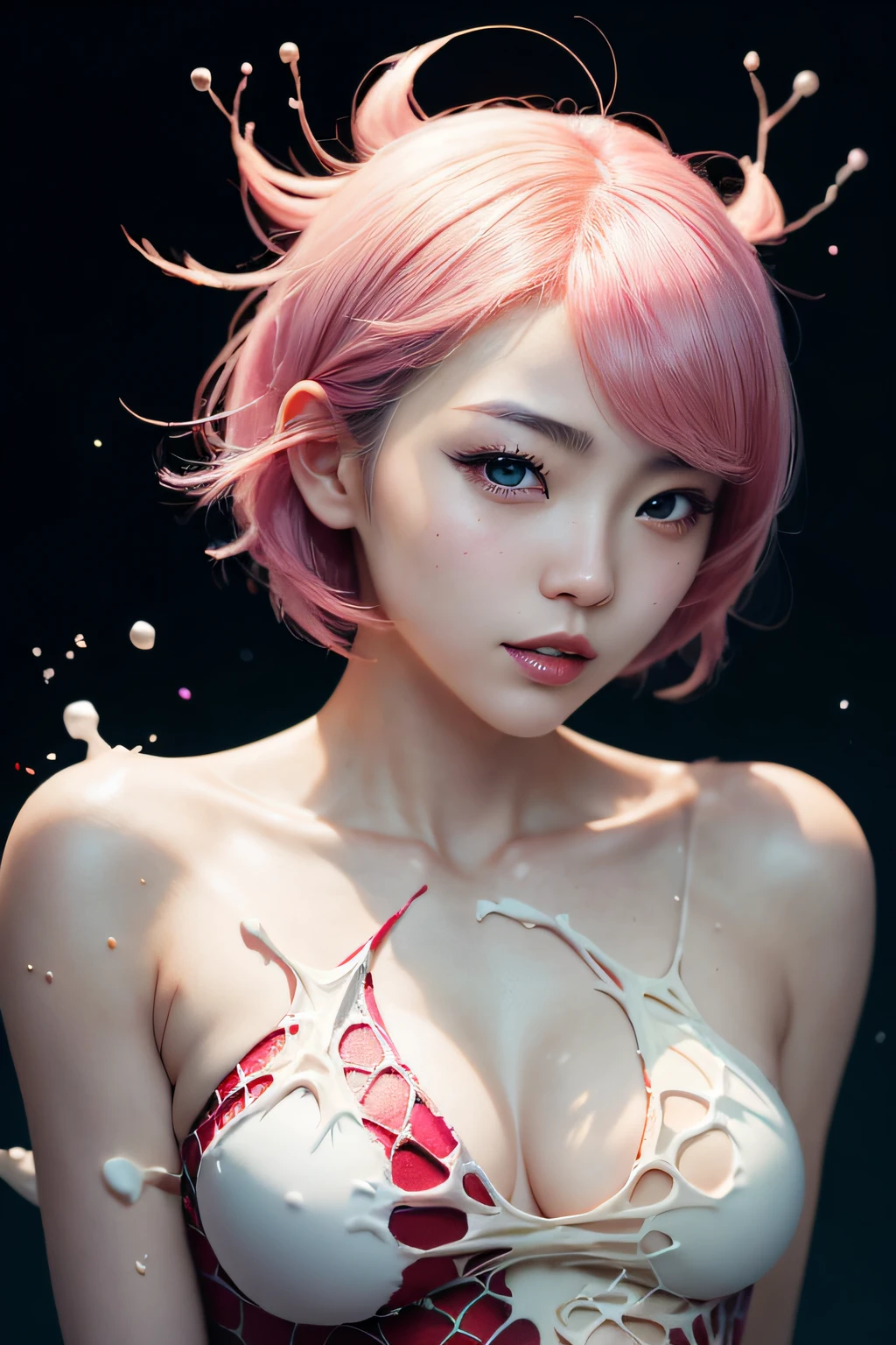 beautiful japanese young woman, wearing spiderman armor made of milk, thick symmetrical features, very short hair, background is cherry blossoms, pink aura, red lips, octane render,