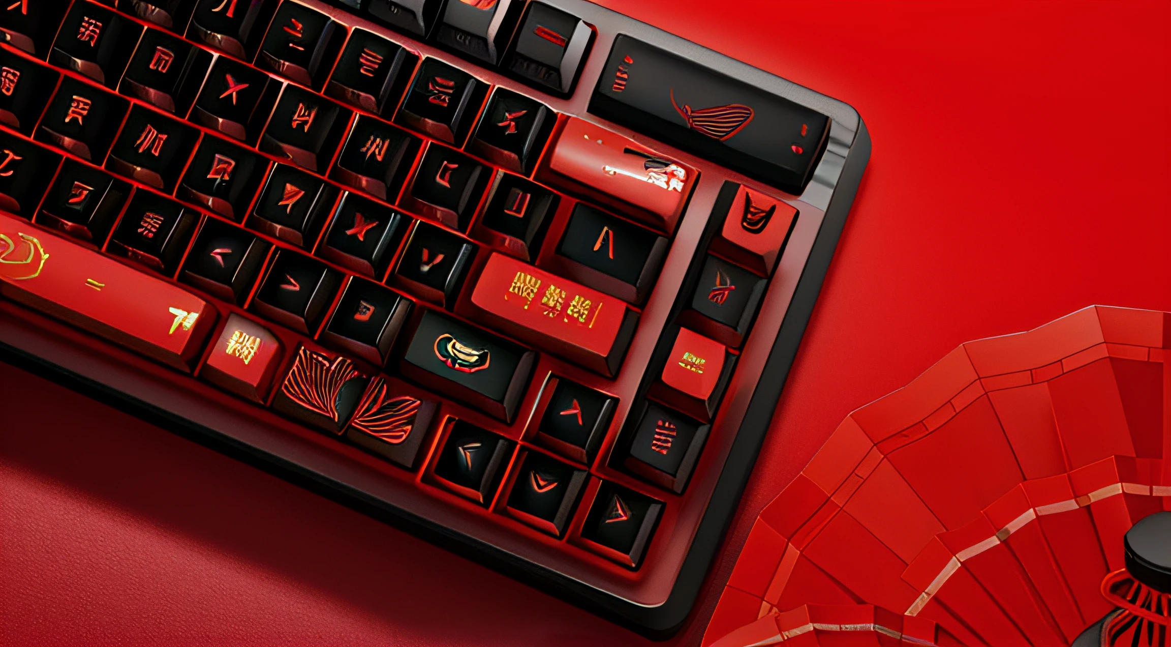 There is a red keyboard,It says Chinese and a fan, mechanical keyboard, gamers keyboard, Red magic, close up portrait shot, it has a red and black paint, Red neon detail, dominating red color, close up photograph, Red theme, Close-up Shot Shot, inspired by Park Hua, Red monochrome, red theme, China-style,Textured background,Cool glow