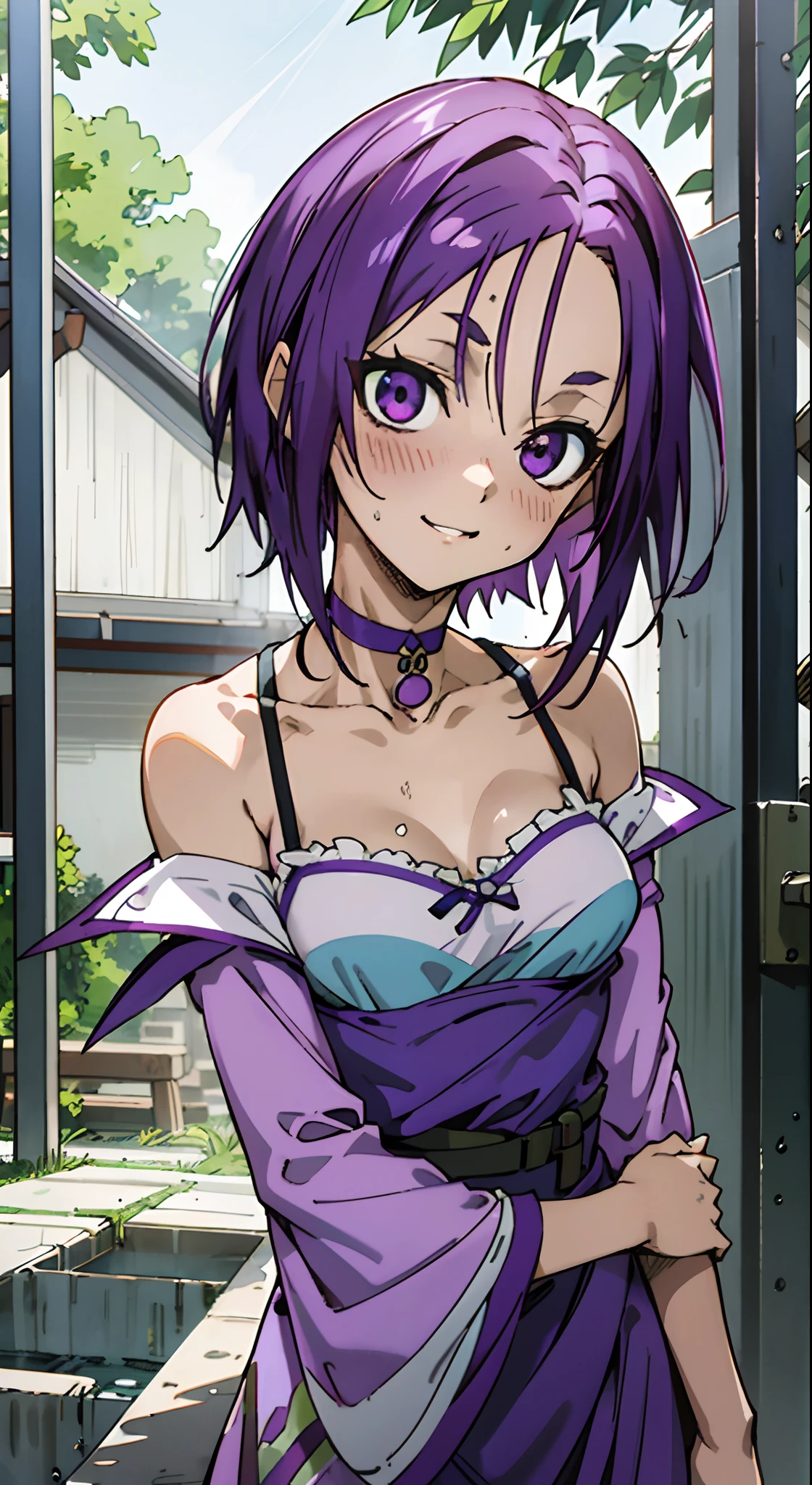 masutepiece, Best Quality, Ultra-detailed, Off-the-shoulder clothing, Colorful,Up-close, Hyper-detailing,purple color hair, Reo Mikage, Blue Lock, no sleeves, Camisole, Blue Camisole, Cheongsam, chinese clothes, Chest exposure, Underwear, Metamorphosis is exposed, Choker, arm warmer, Sexy breasts, Scar, Big breasts, red blush, 1girl in, Solo, Sharp face, Heterochromia, Green eyes, Purple eyes, Bare neck, Happy face, rays of sunshine, Brave Sky, shining sky, Theara, Slums